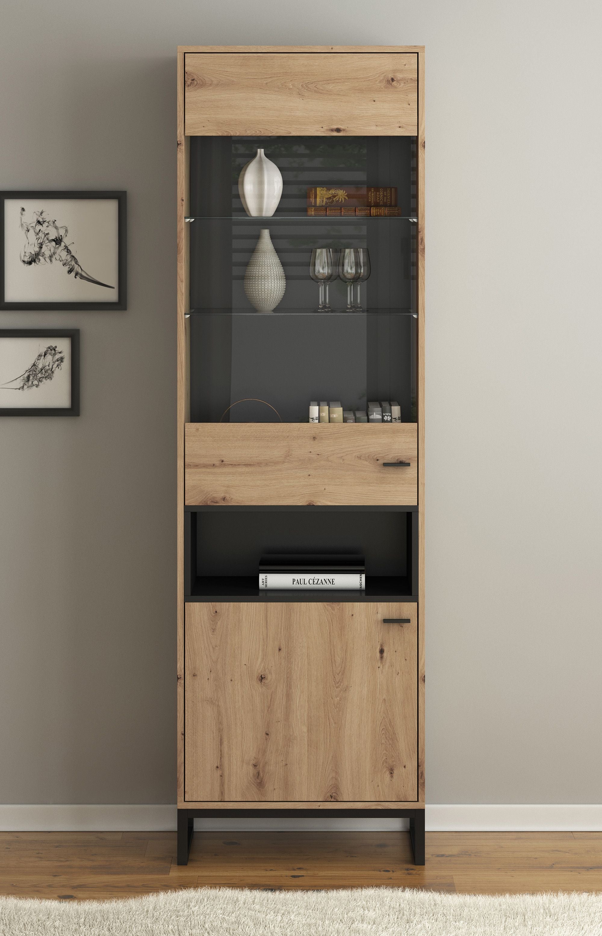 Ozzy - Vitrinekast - Eiken/zwart - 60x40x202 cm