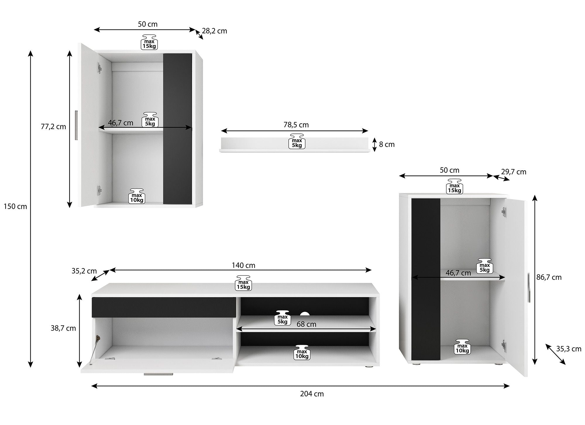 Bellini - Wandmeubel - Grijs/donker old wood - 140x35x39 cm