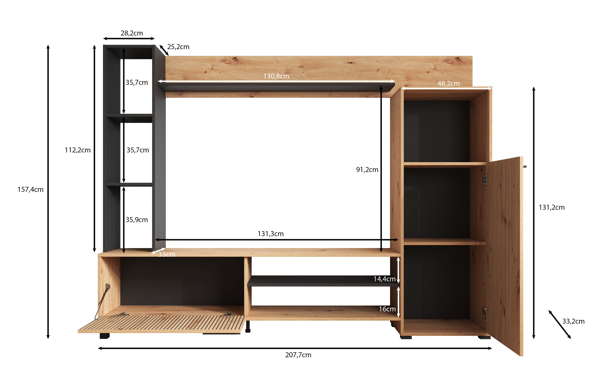 Ronald - Wandmeubel - Eiken - 208x33x157 cm