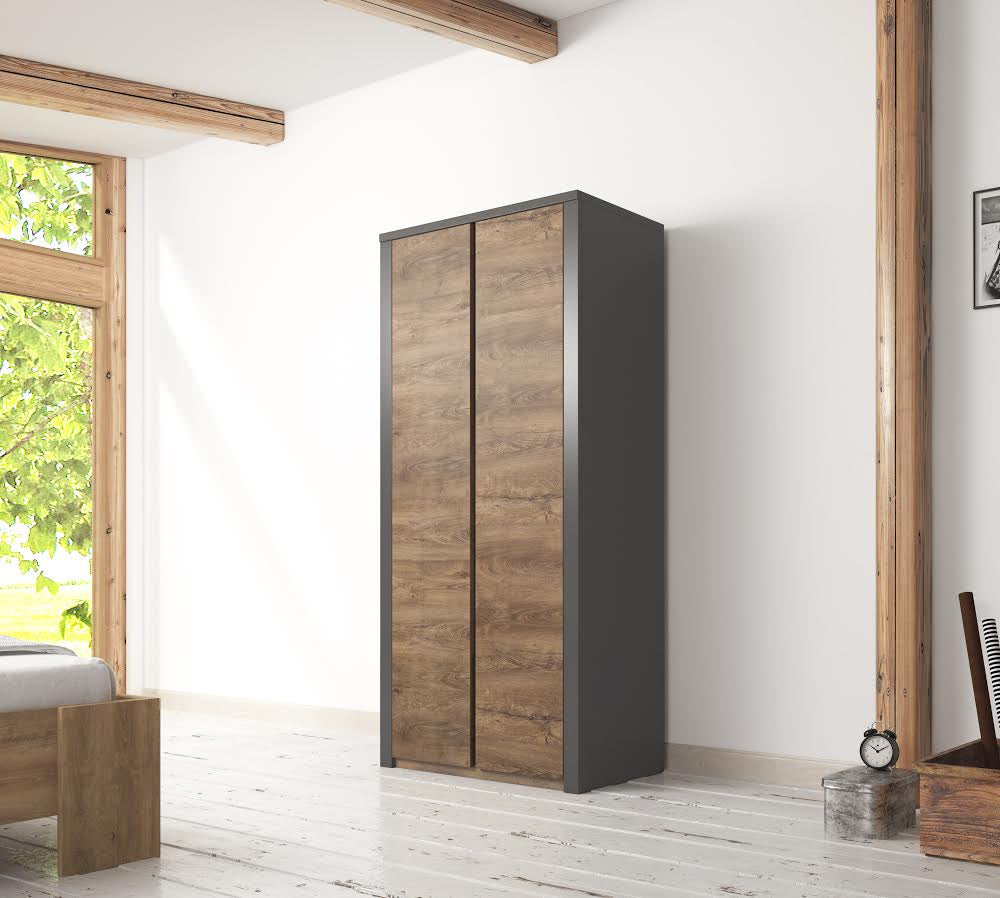 Monaco - Kledingkast 2-deurs - Eiken/grijs - 90x53x197 cm