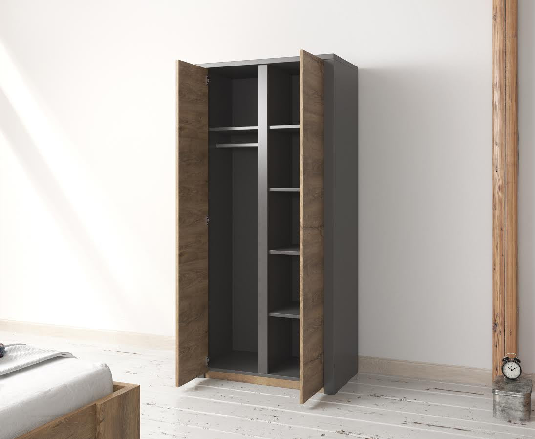 Monaco - Kledingkast 2-deurs - Eiken/grijs - 90x53x197 cm