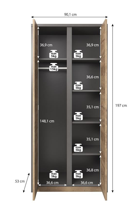 Monaco - Kledingkast 2-deurs - Eiken/grijs - 90x53x197 cm