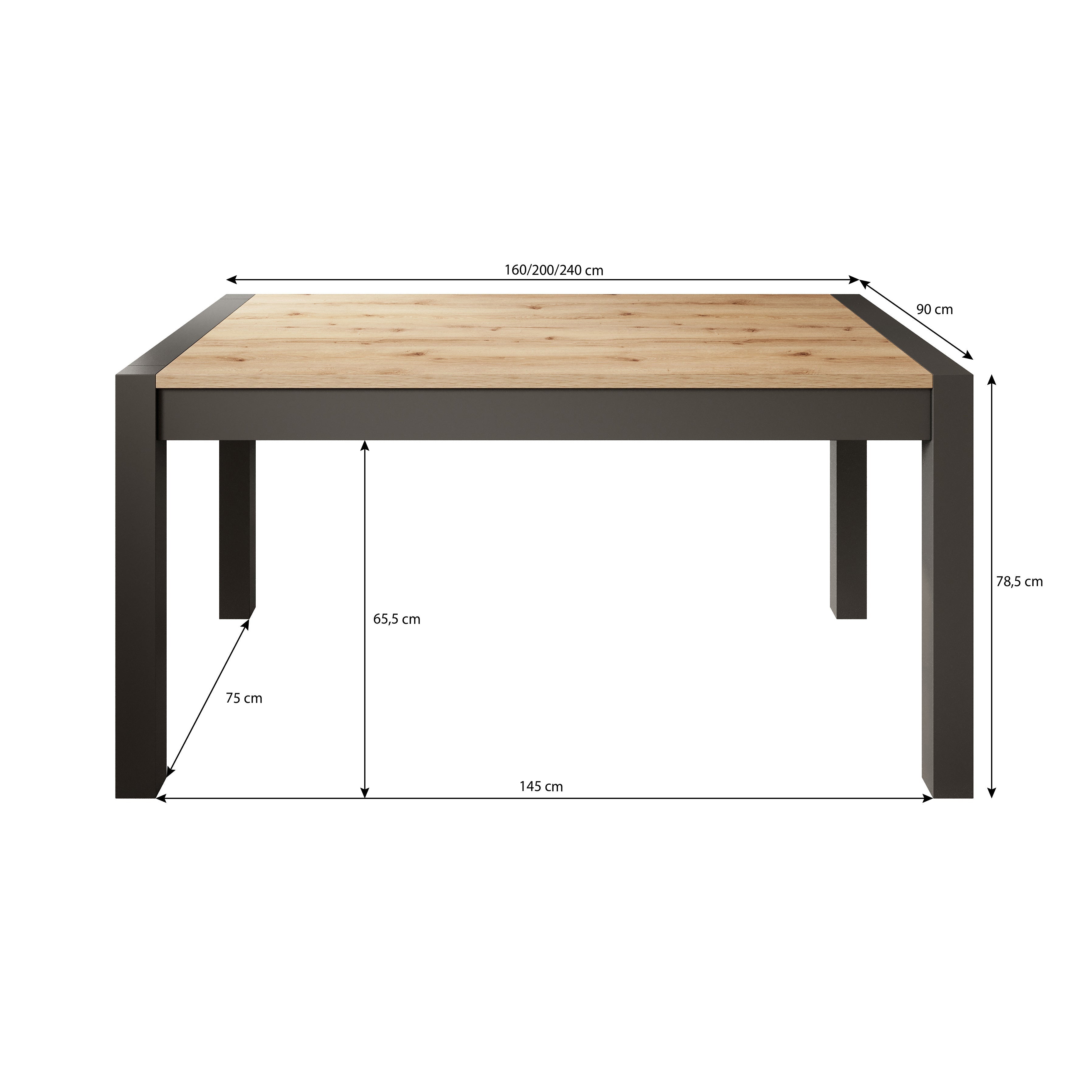 Acapulco - Eetkamertafel - Eiken/zwart - 160x90x79 cm