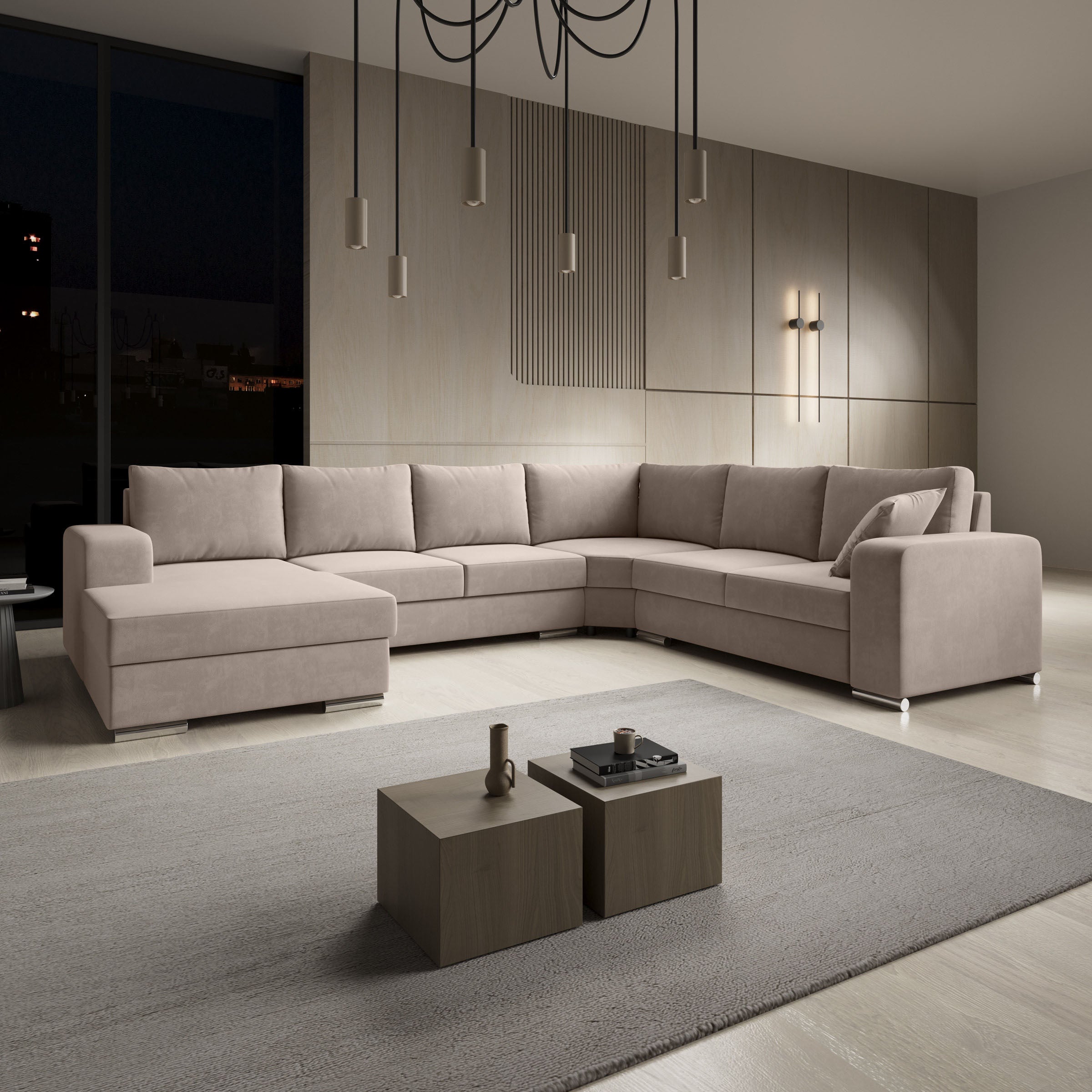 Adel - Hoekbank 5-zits met chaise longue - Stof beige - Links