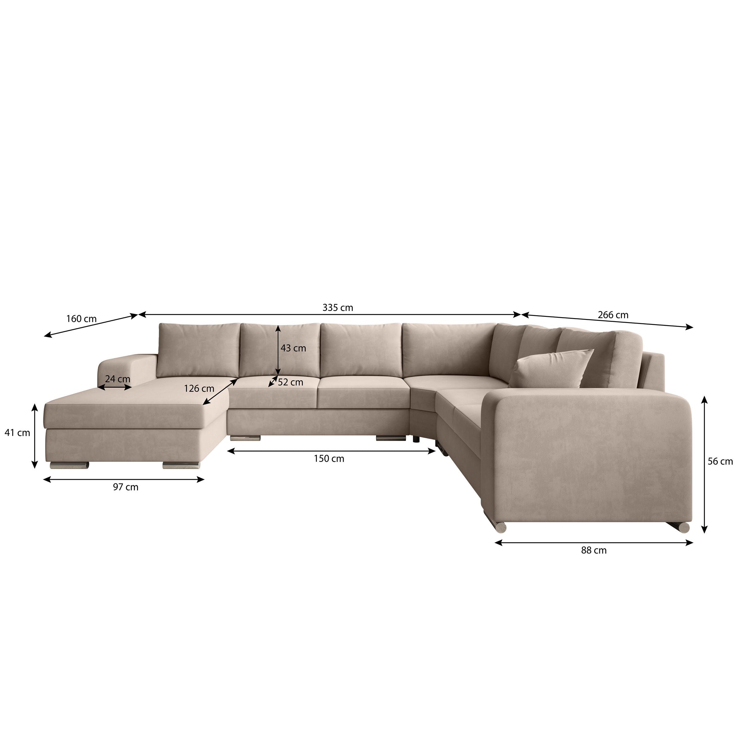 Adel - Hoekbank 5-zits met chaise longue - Stof beige - Links