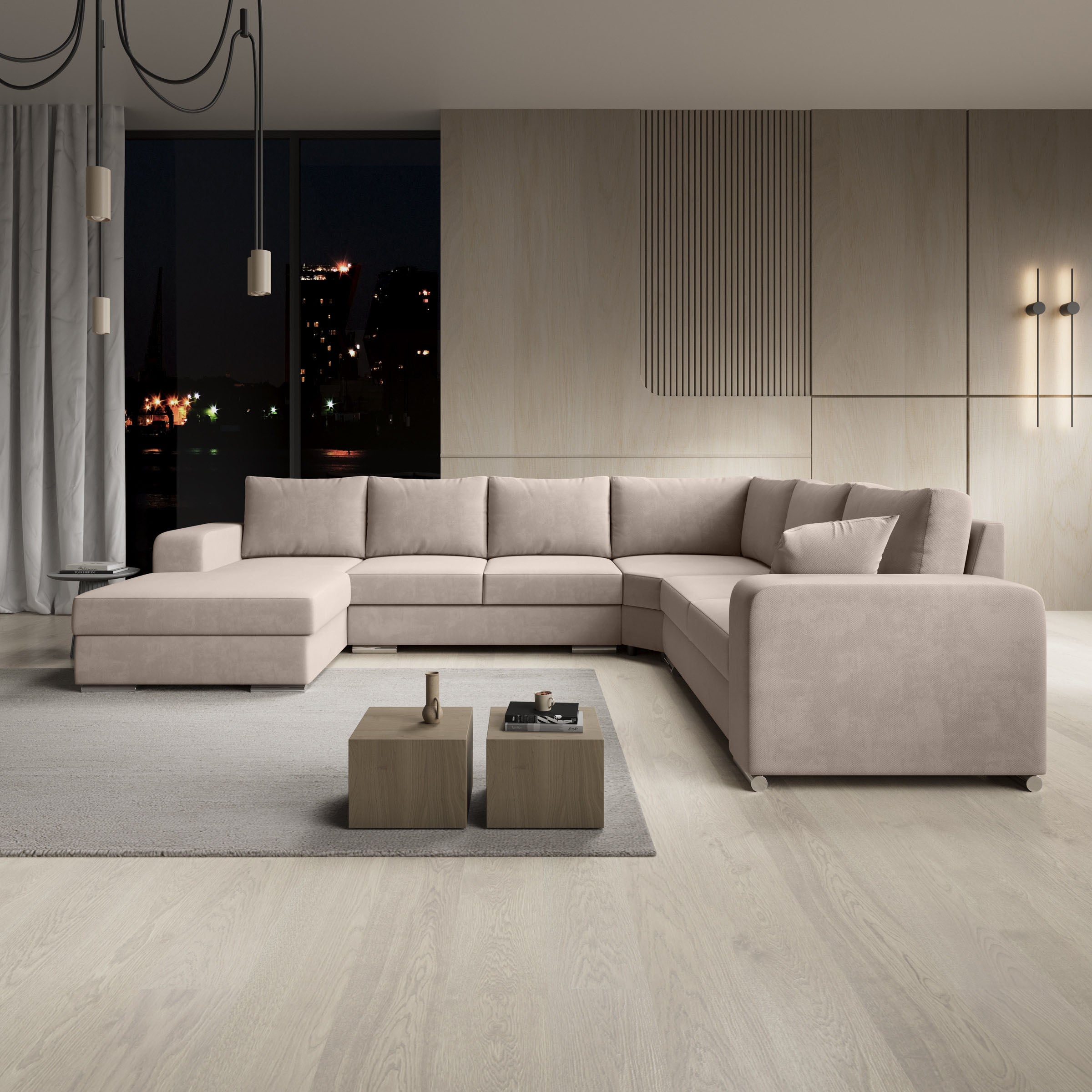 Adel - Hoekbank 5-zits met chaise longue - Stof beige - Links