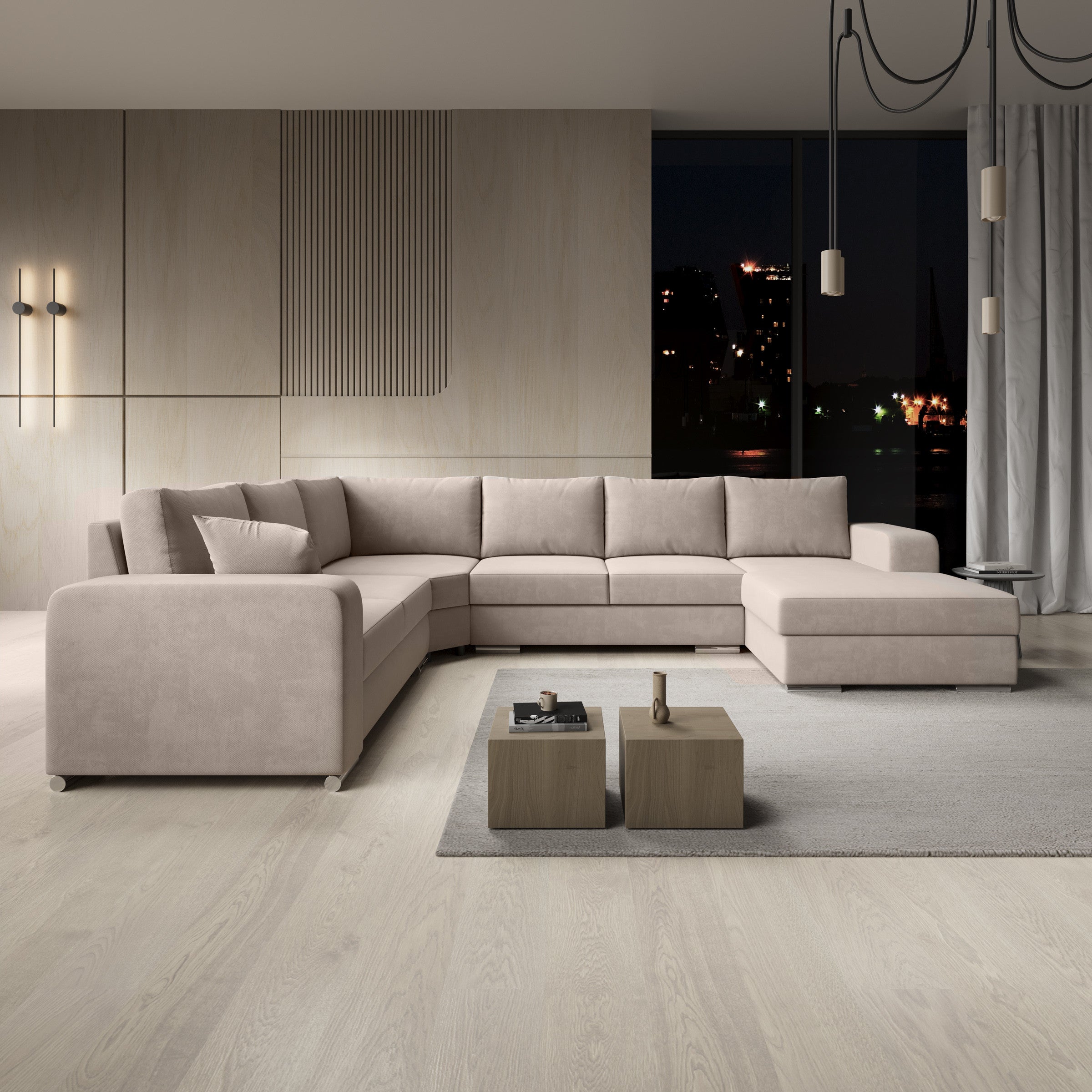 Adel - Hoekbank 5-zits met chaise longue - Stof beige - Rechts