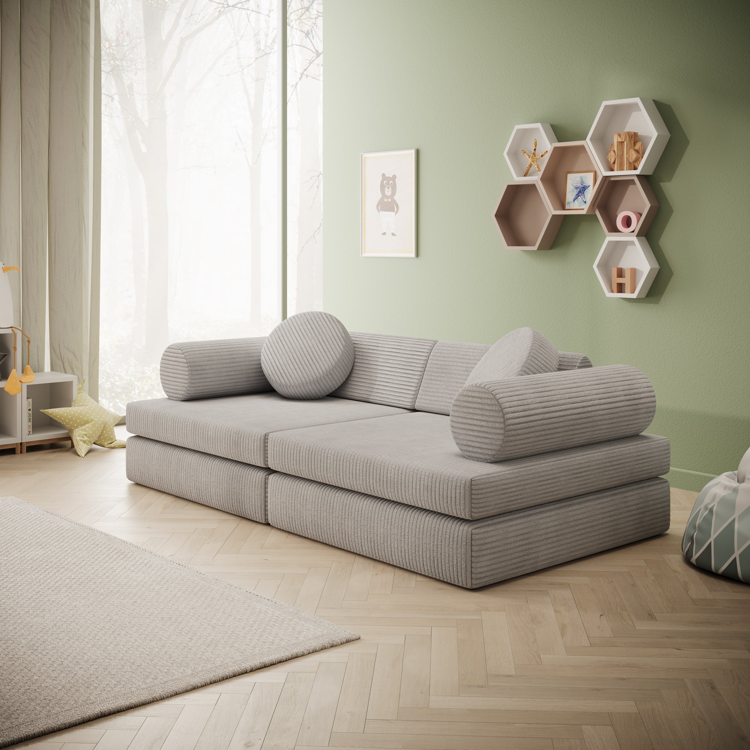 Afterglow - Speelbank - Ribstof grijs - 130x65x43 cm