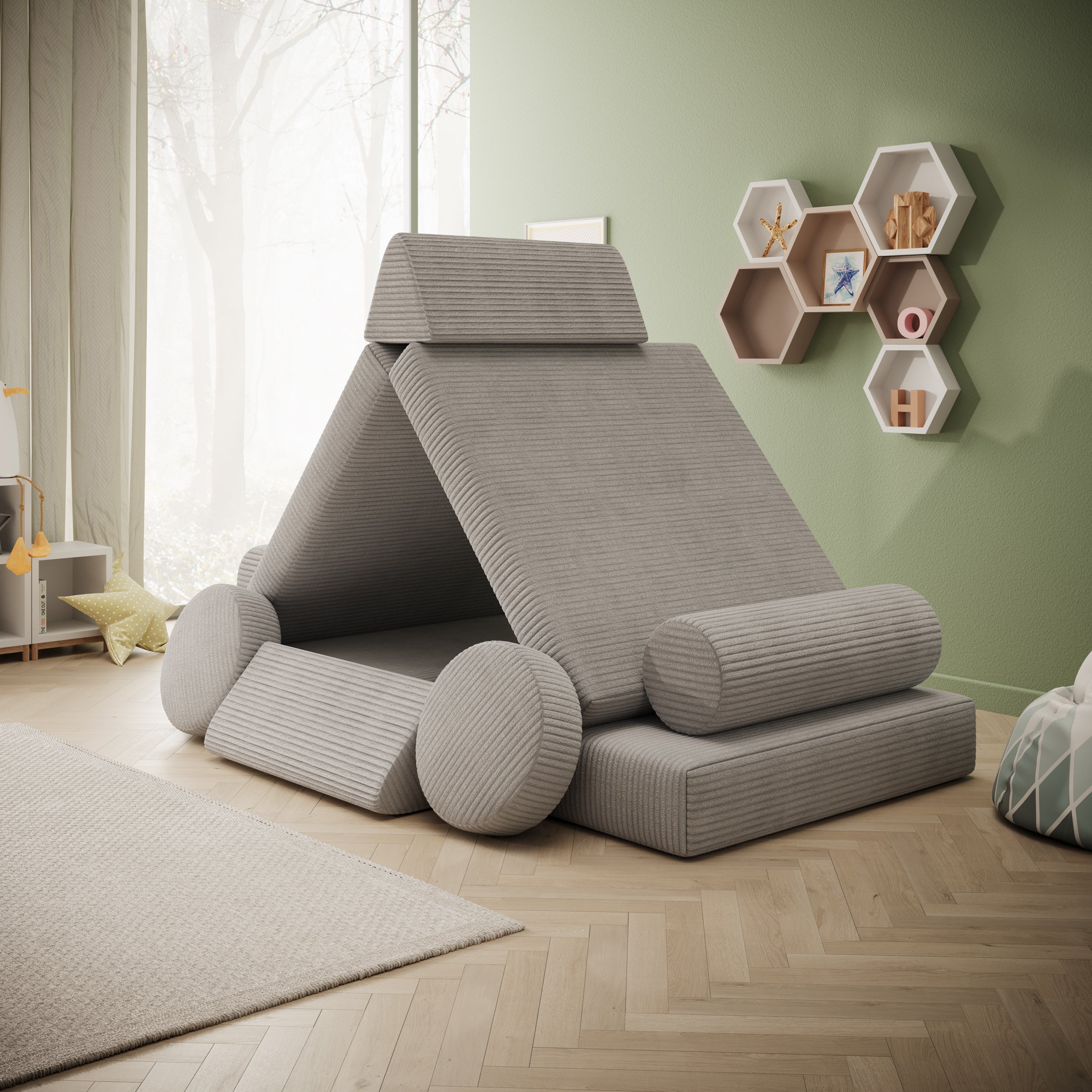 Afterglow - Speelbank - Ribstof grijs - 130x65x43 cm