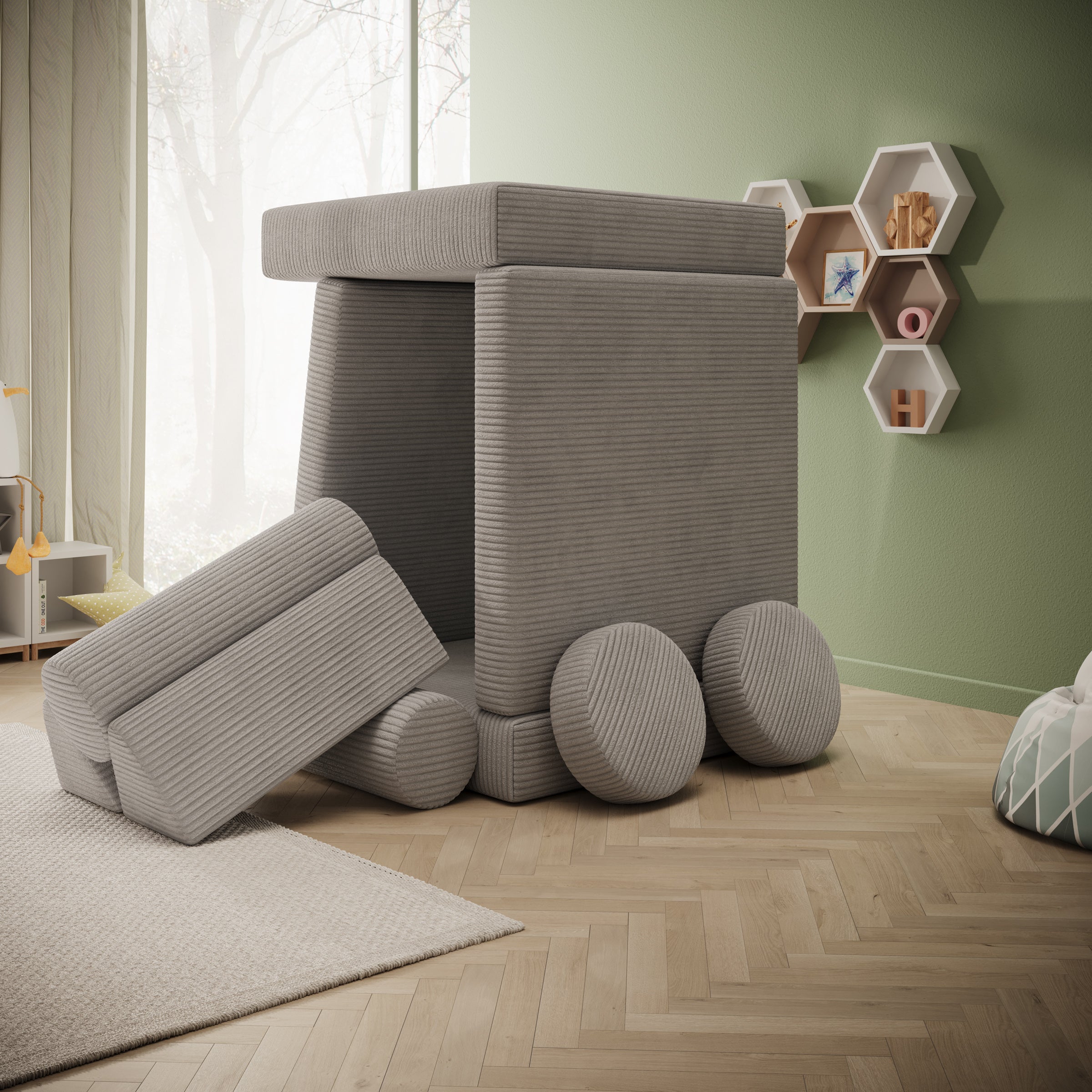 Afterglow - Speelbank - Ribstof grijs - 130x65x43 cm