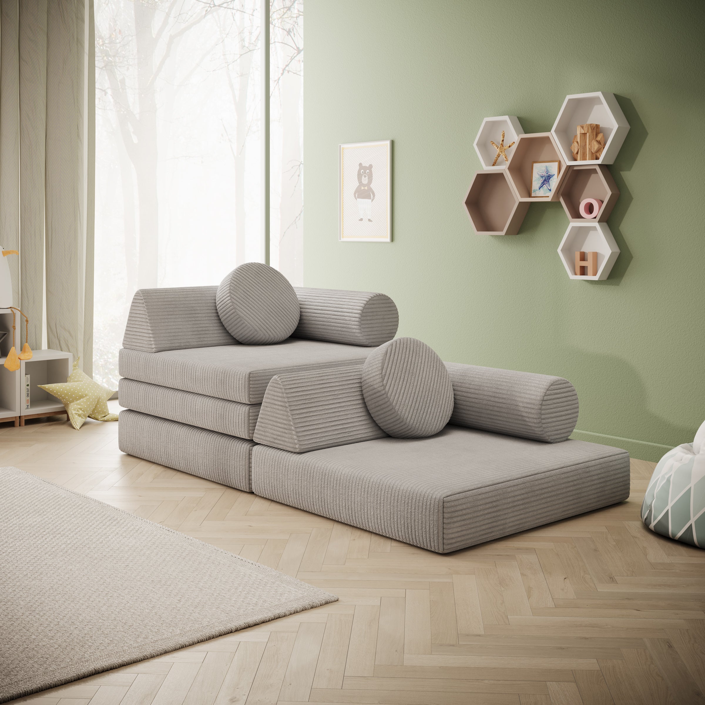 Afterglow - Speelbank - Ribstof grijs - 130x65x43 cm