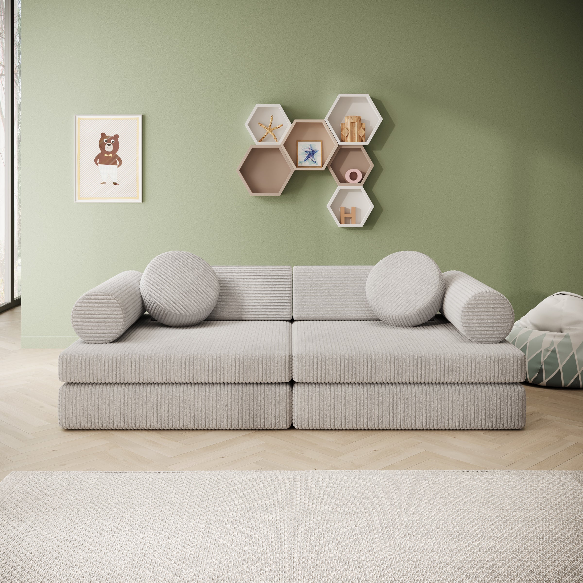 Afterglow - Speelbank - Ribstof grijs - 130x65x43 cm