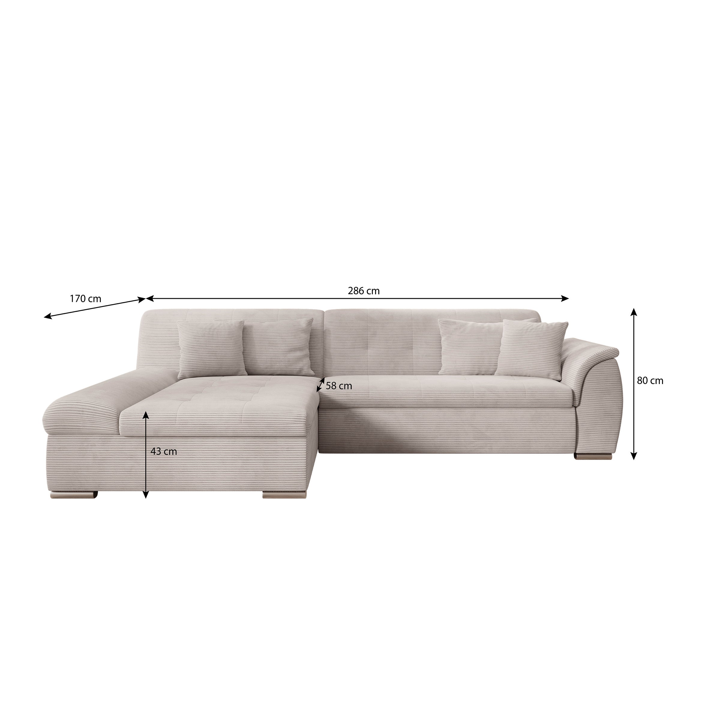 Alberta - Hoekbank 3-zits met chaise longue - Ribstof beige - Links - 286x170x80 cm