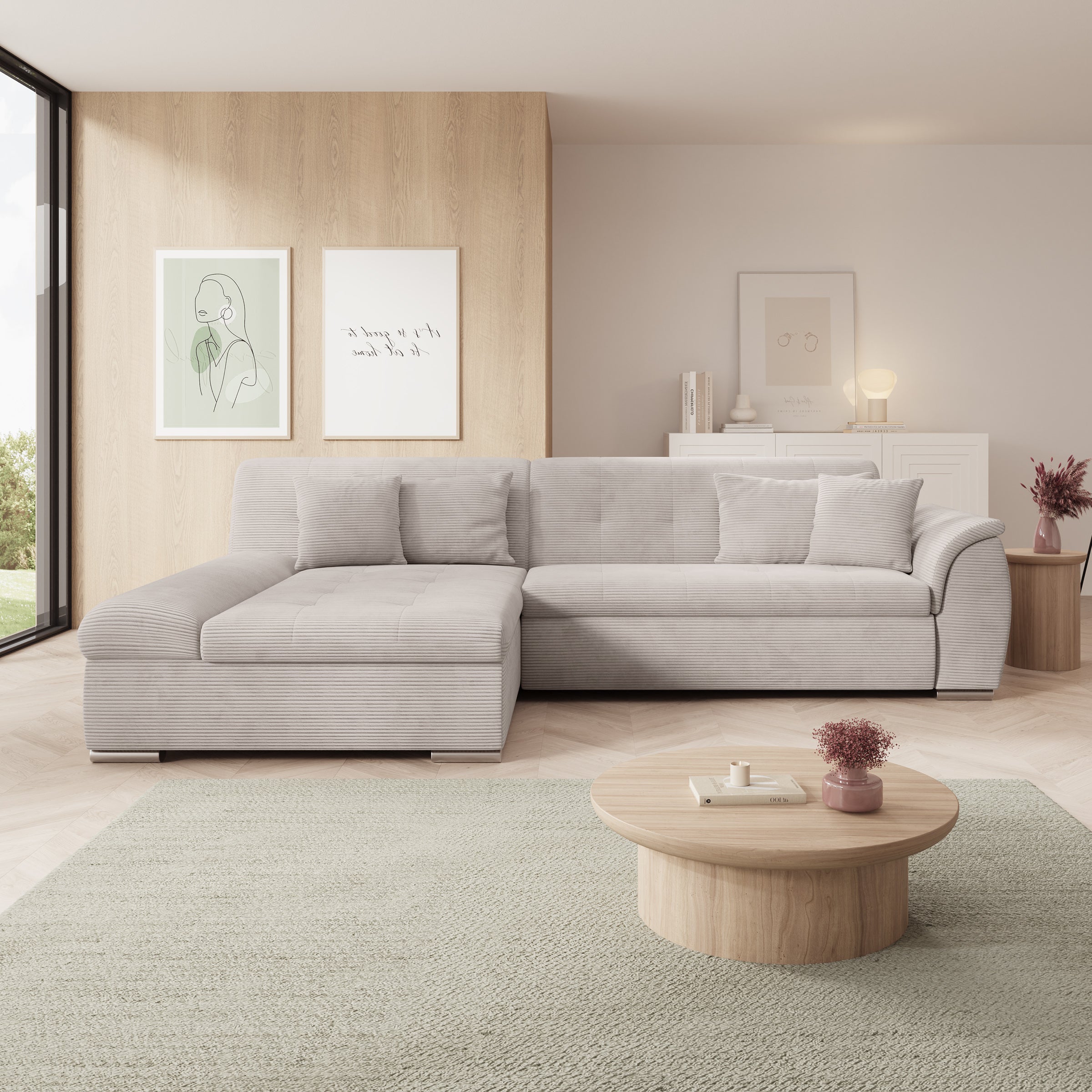 Alberta - Hoekbank 3-zits met chaise longue - Ribstof beige - Links - 286x170x80 cm