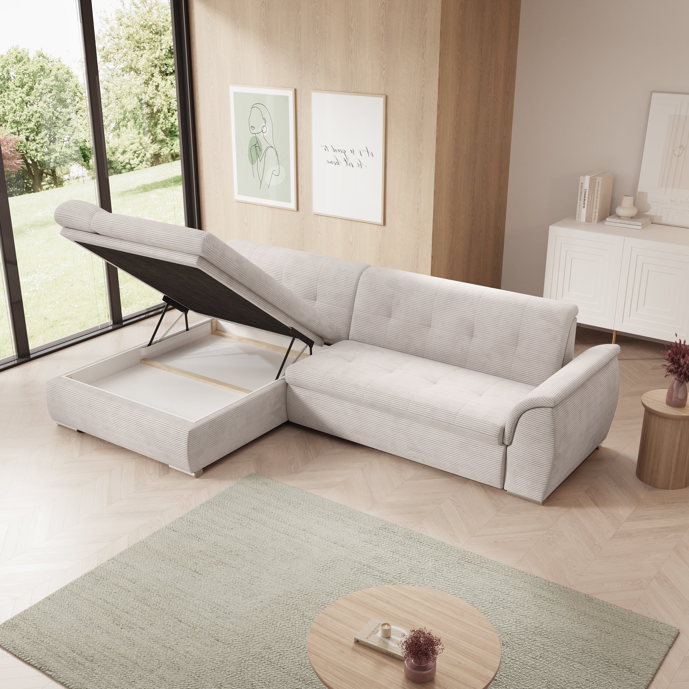 Alberta - Hoekbank 3-zits met chaise longue - Ribstof beige - Links - 286x170x80 cm