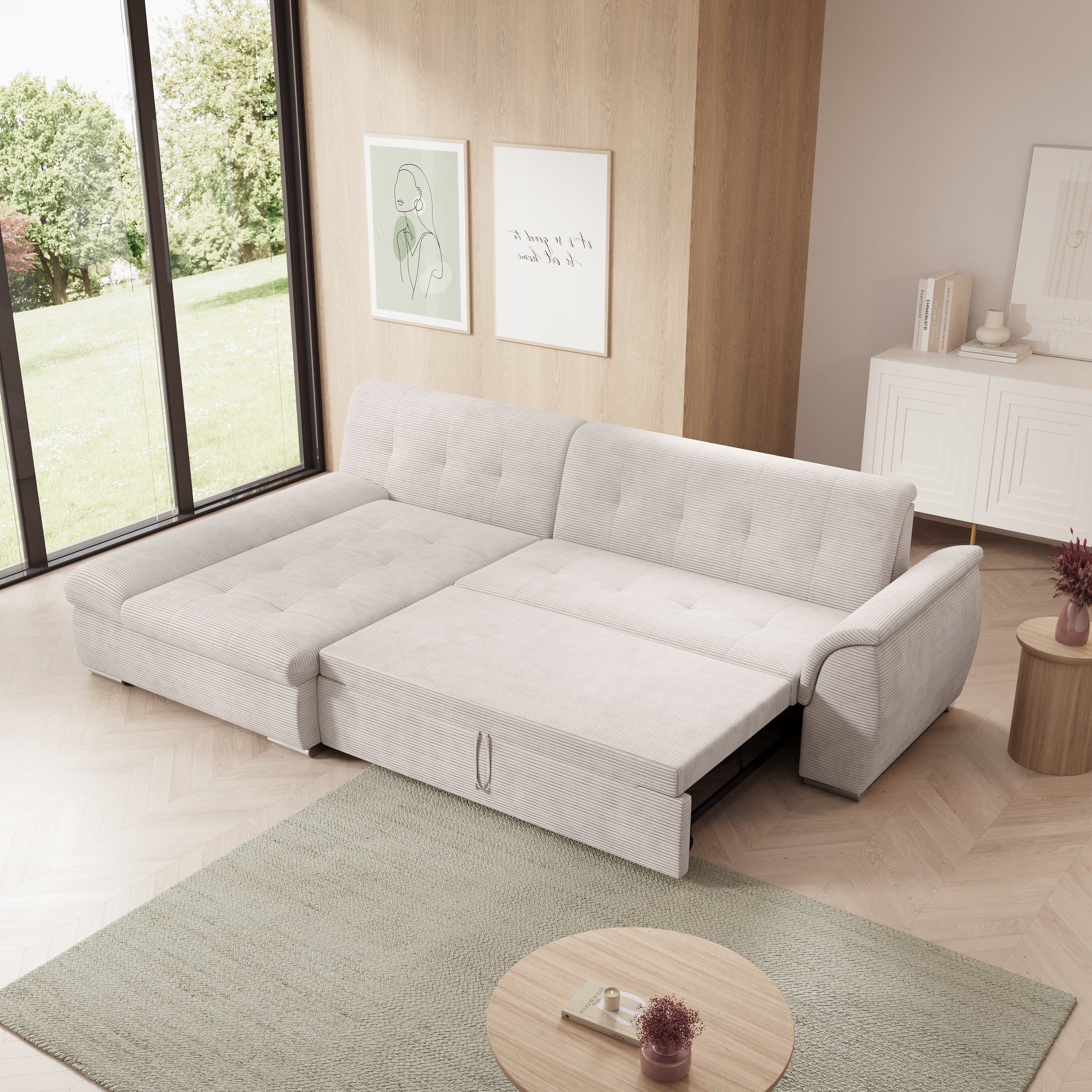 Alberta - Hoekbank 3-zits met chaise longue - Ribstof beige - Links - 286x170x80 cm