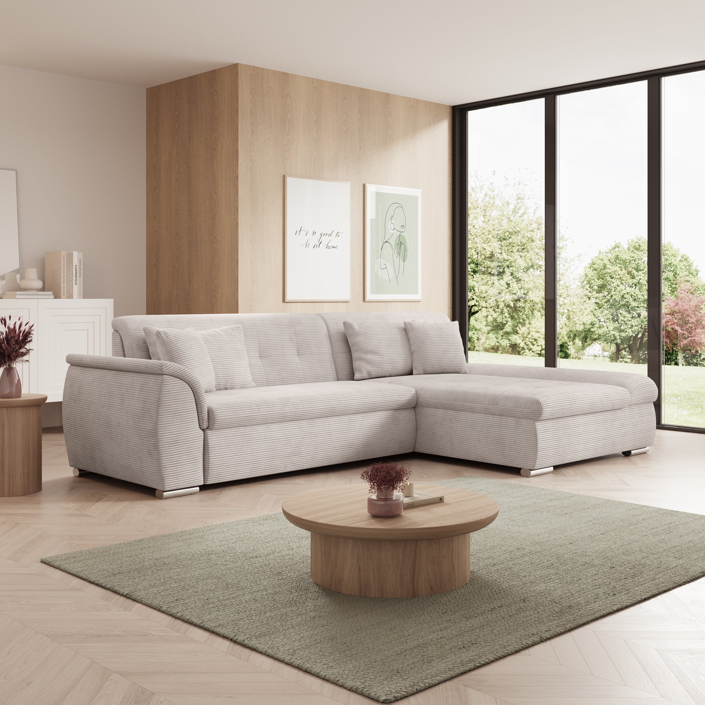 Alberta - Hoekbank 3-zits met chaise longue - Ribstof beige - Rechts - 286x170x80 cm