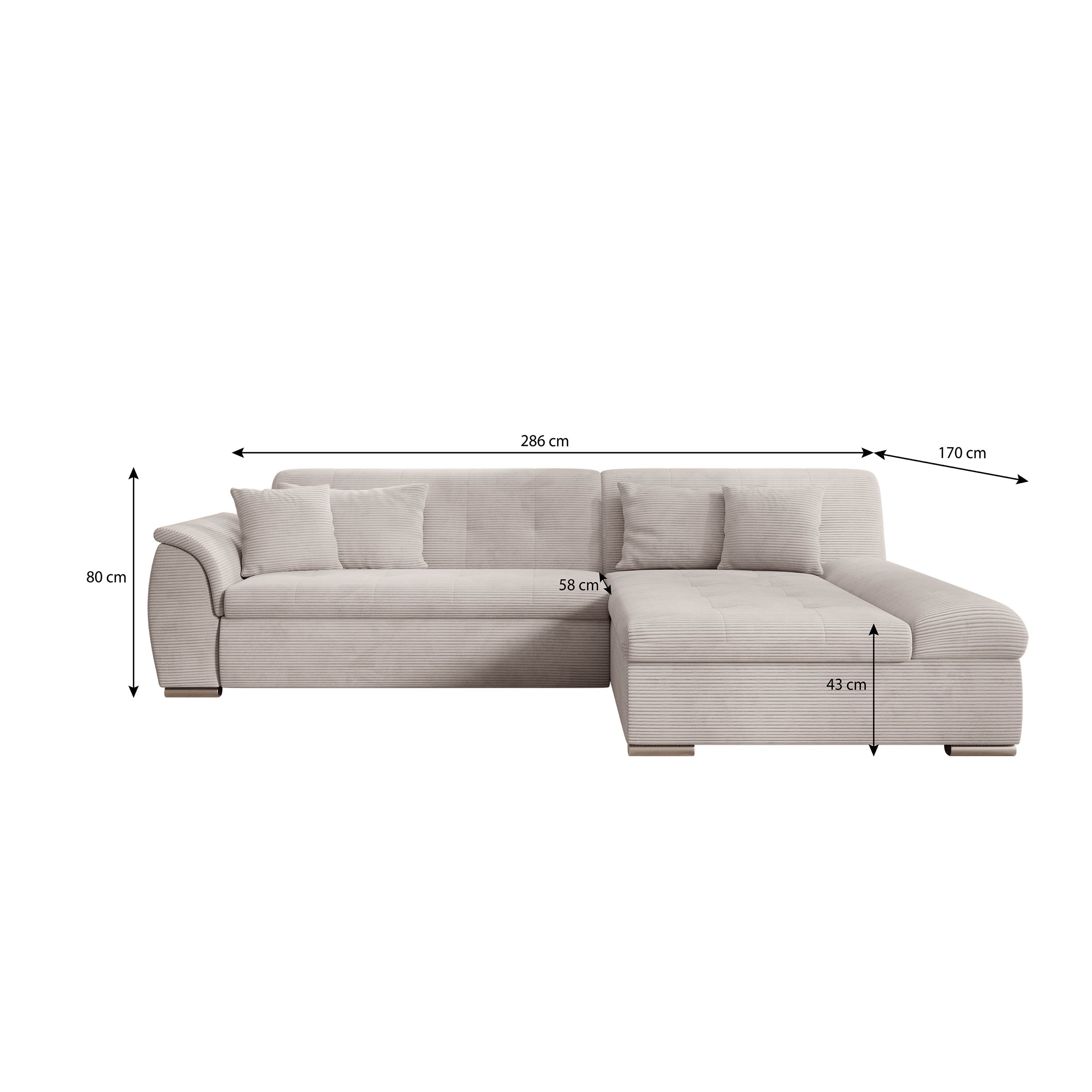 Alberta - Hoekbank 3-zits met chaise longue - Ribstof beige - Rechts - 286x170x80 cm