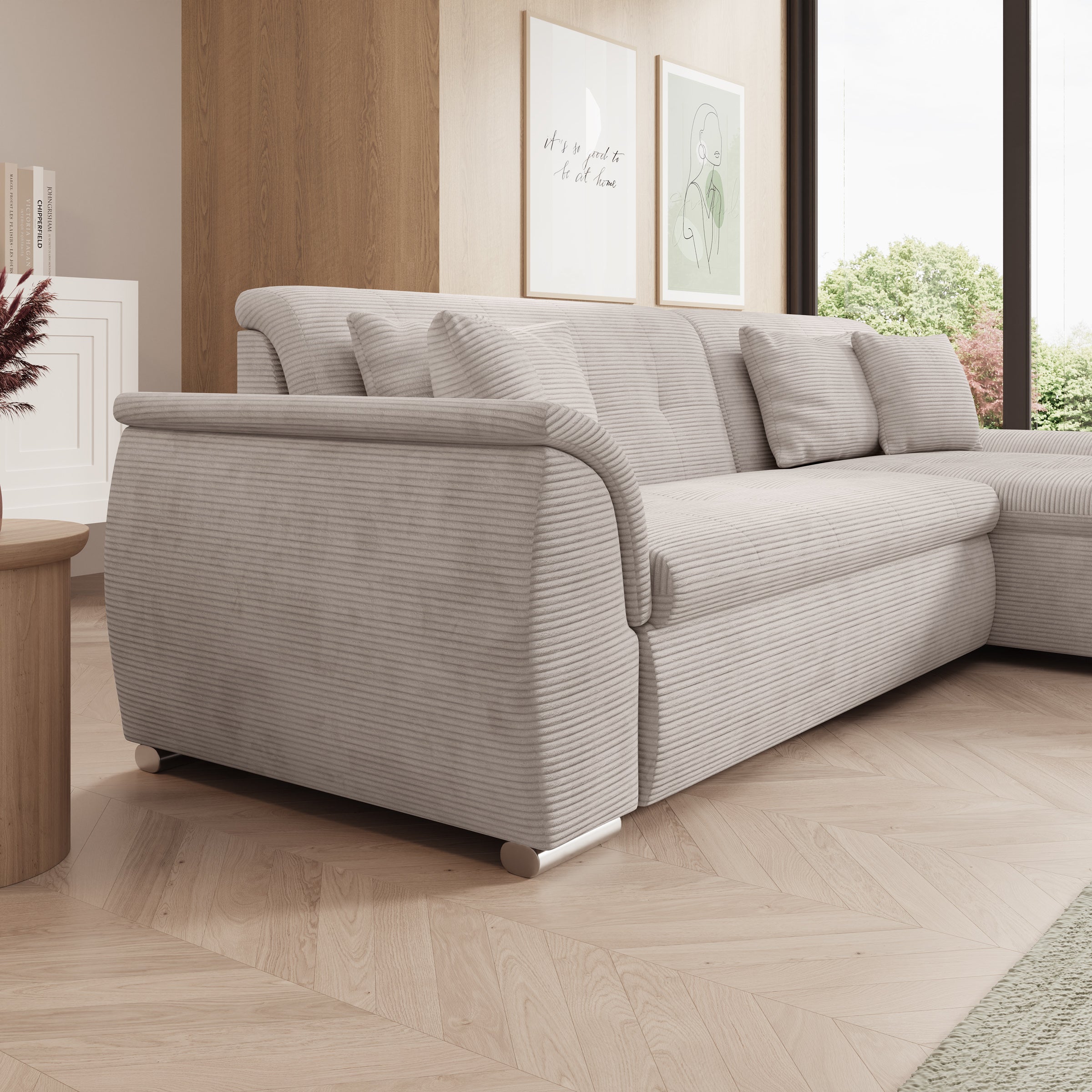 Alberta - Hoekbank 3-zits met chaise longue - Ribstof beige - Rechts - 286x170x80 cm