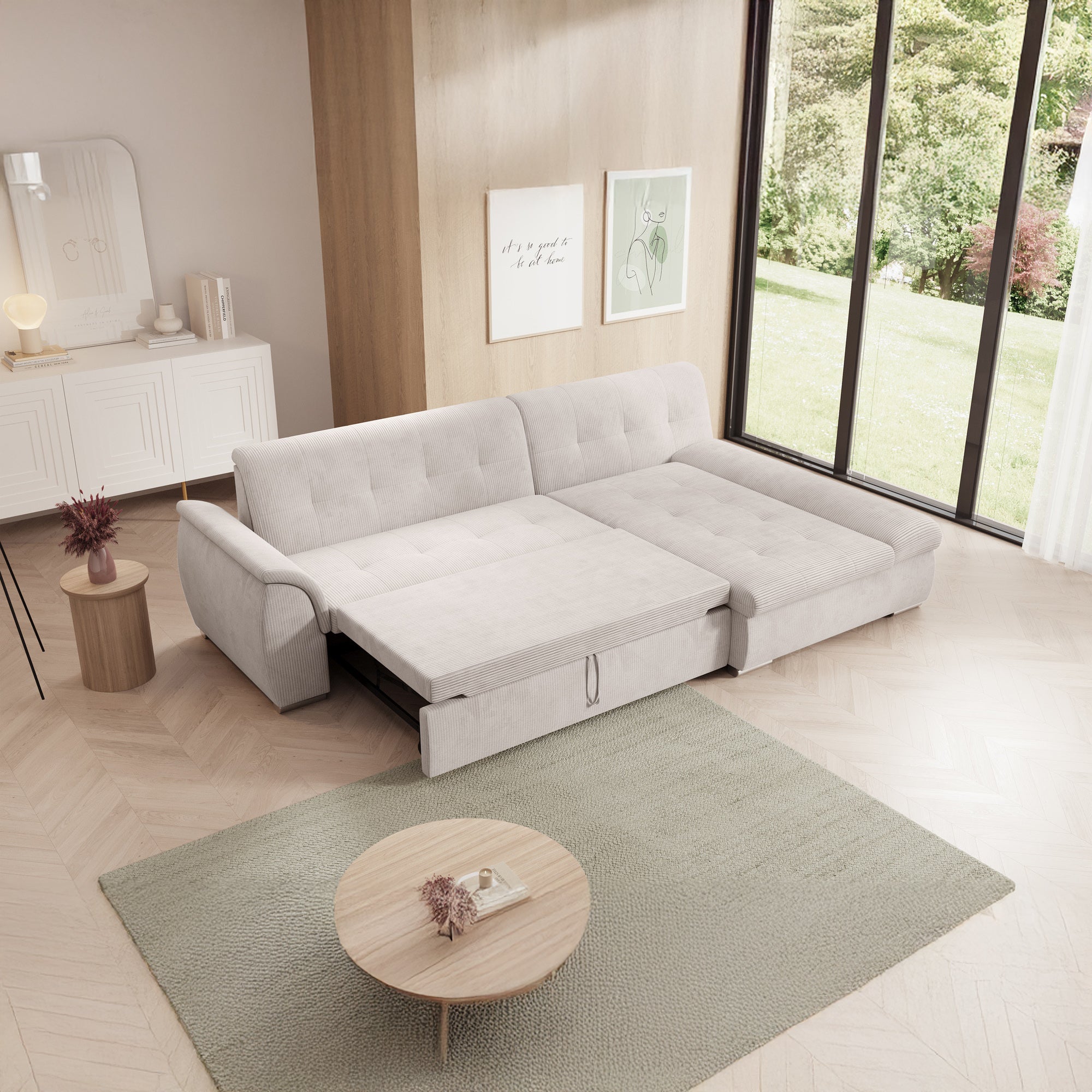 Alberta - Hoekbank 3-zits met chaise longue - Ribstof beige - Rechts - 286x170x80 cm