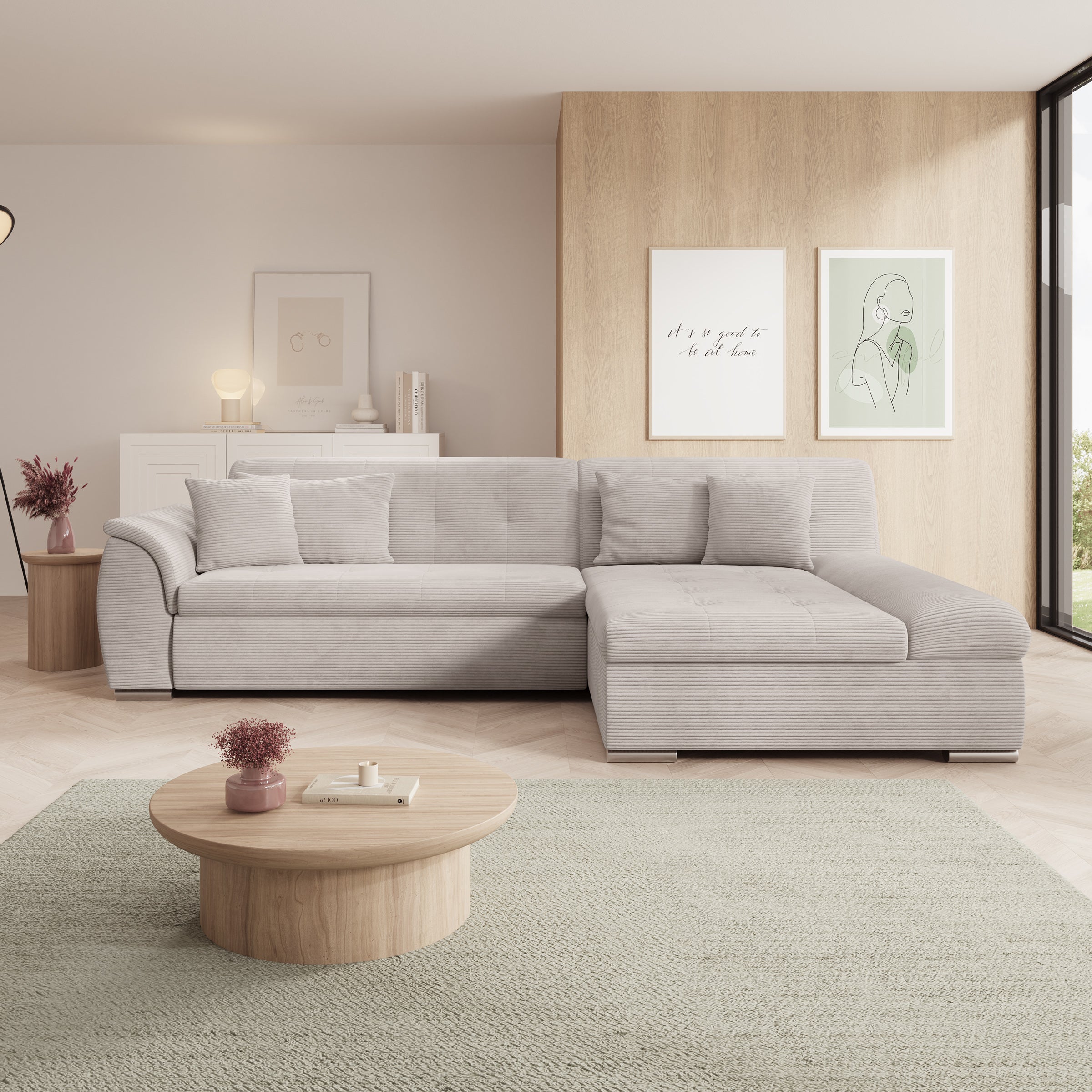 Alberta - Hoekbank 3-zits met chaise longue - Ribstof beige - Rechts - 286x170x80 cm