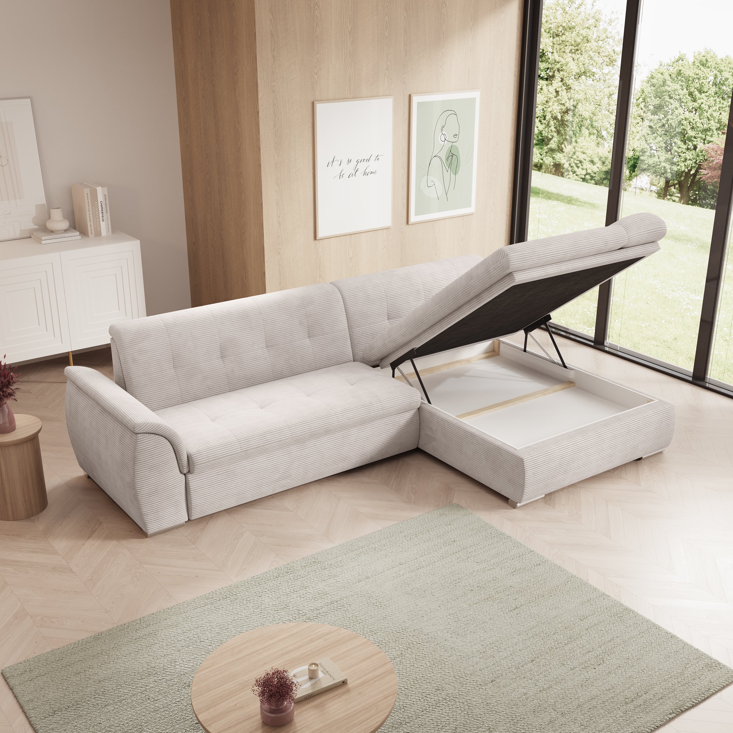 Alberta - Hoekbank 3-zits met chaise longue - Ribstof beige - Rechts - 286x170x80 cm
