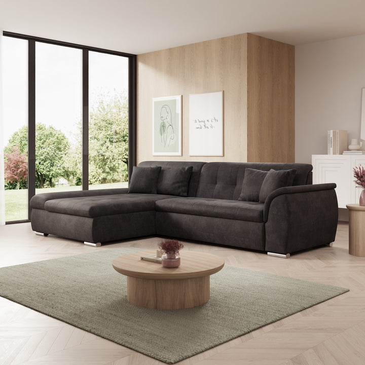 Alberta - Hoekbank 3-zits met chaise longue - Velvet zwart - Links