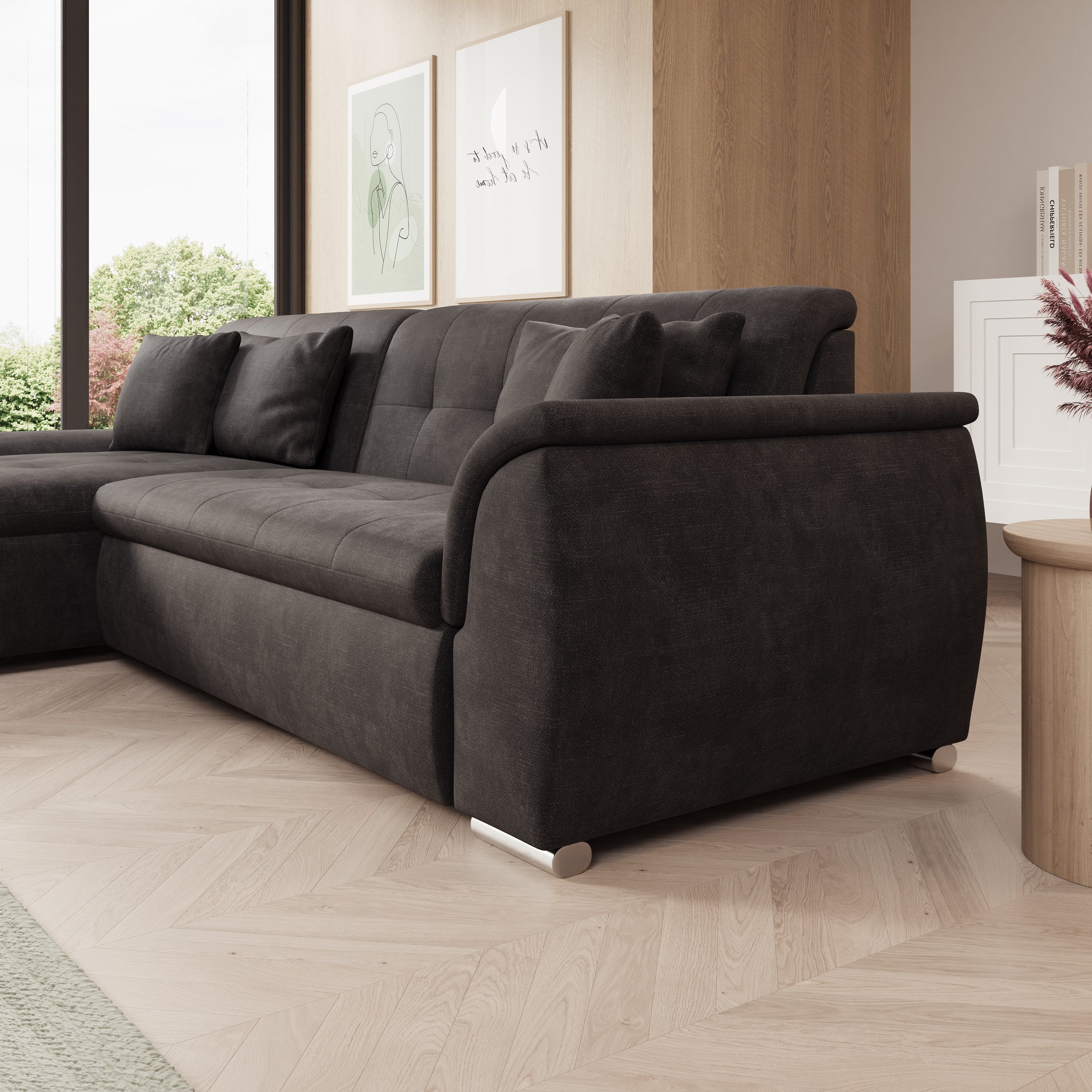 Alberta - Hoekbank 3-zits met chaise longue - Velvet zwart - Links