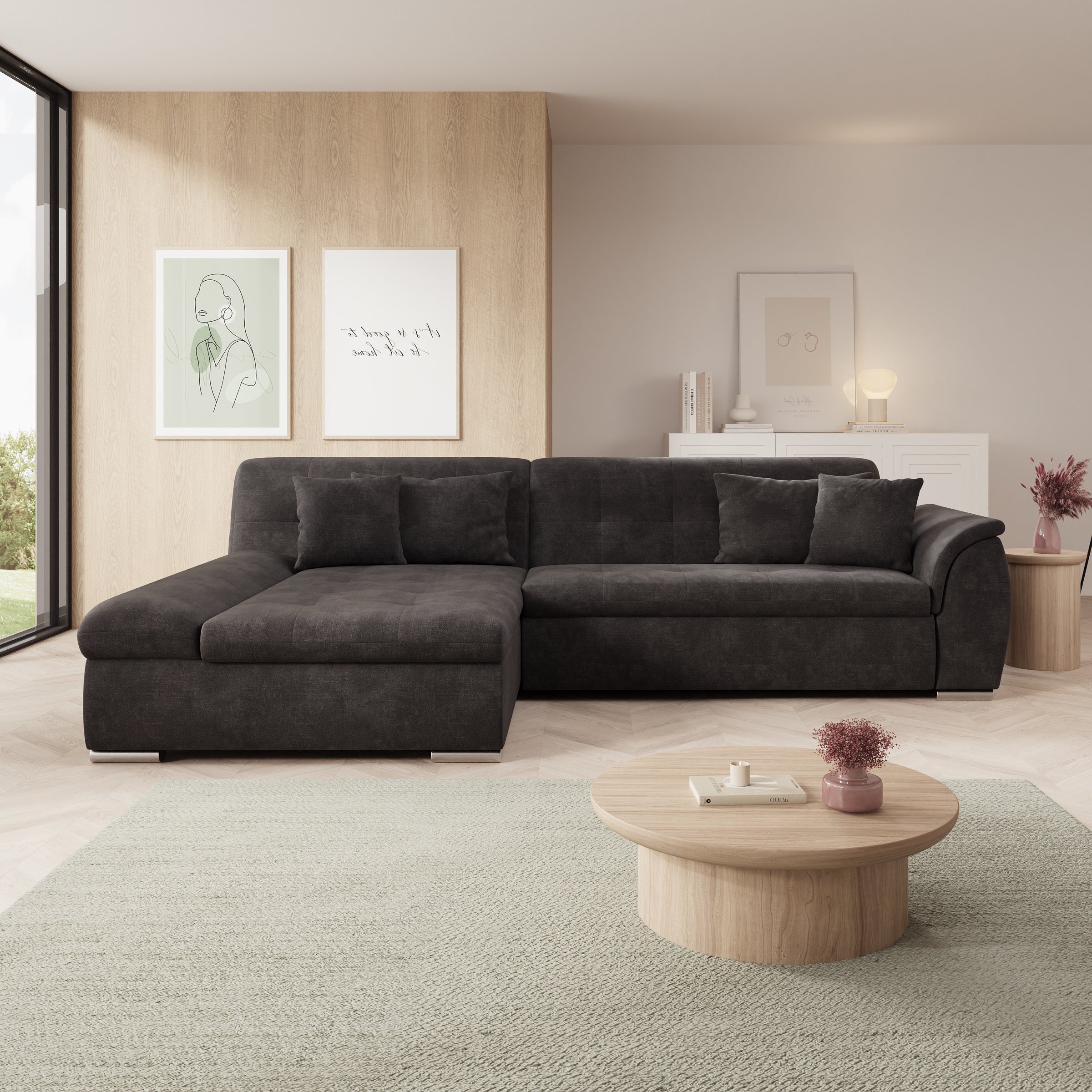 Alberta - Hoekbank 3-zits met chaise longue - Velvet zwart - Links