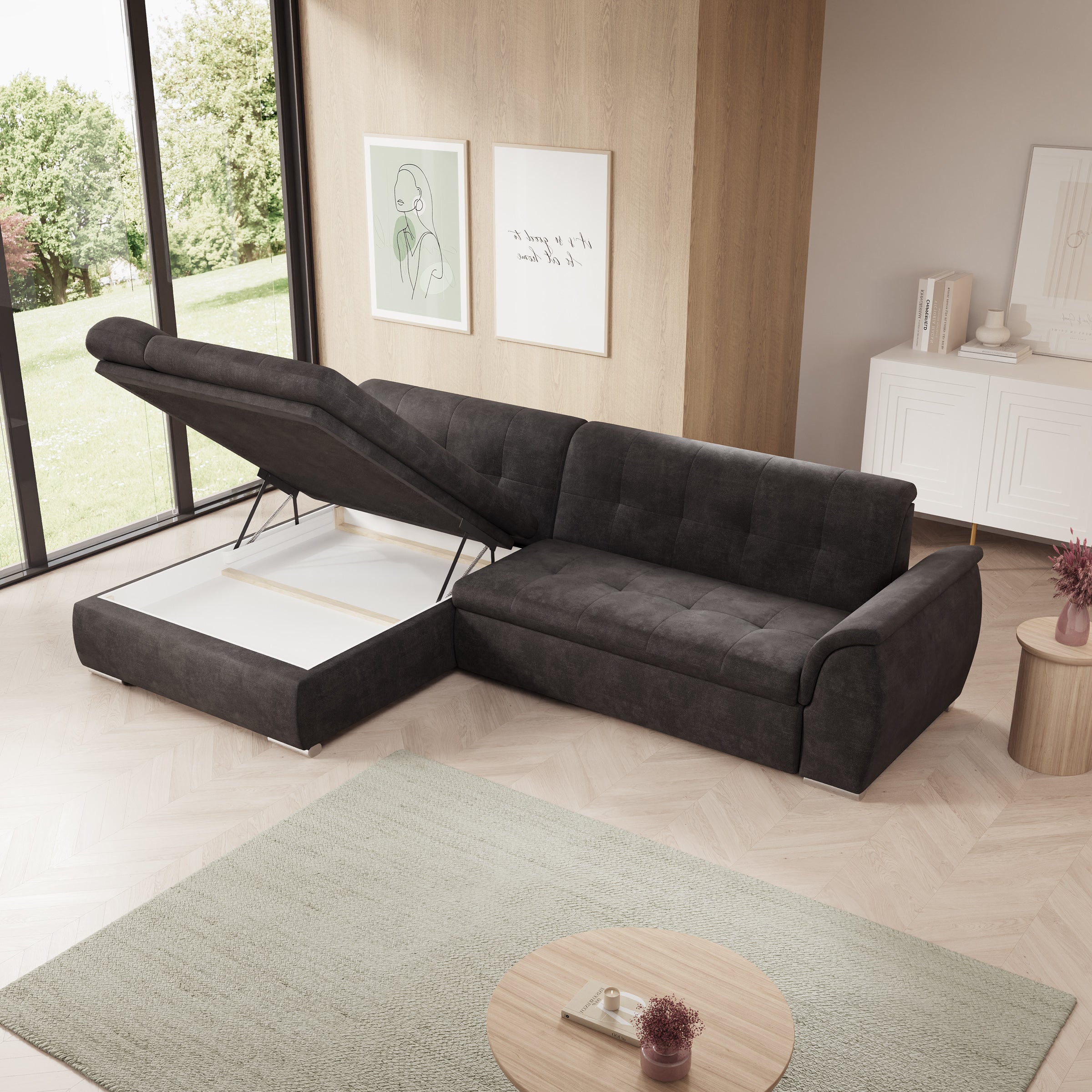 Alberta - Hoekbank 3-zits met chaise longue - Velvet zwart - Links