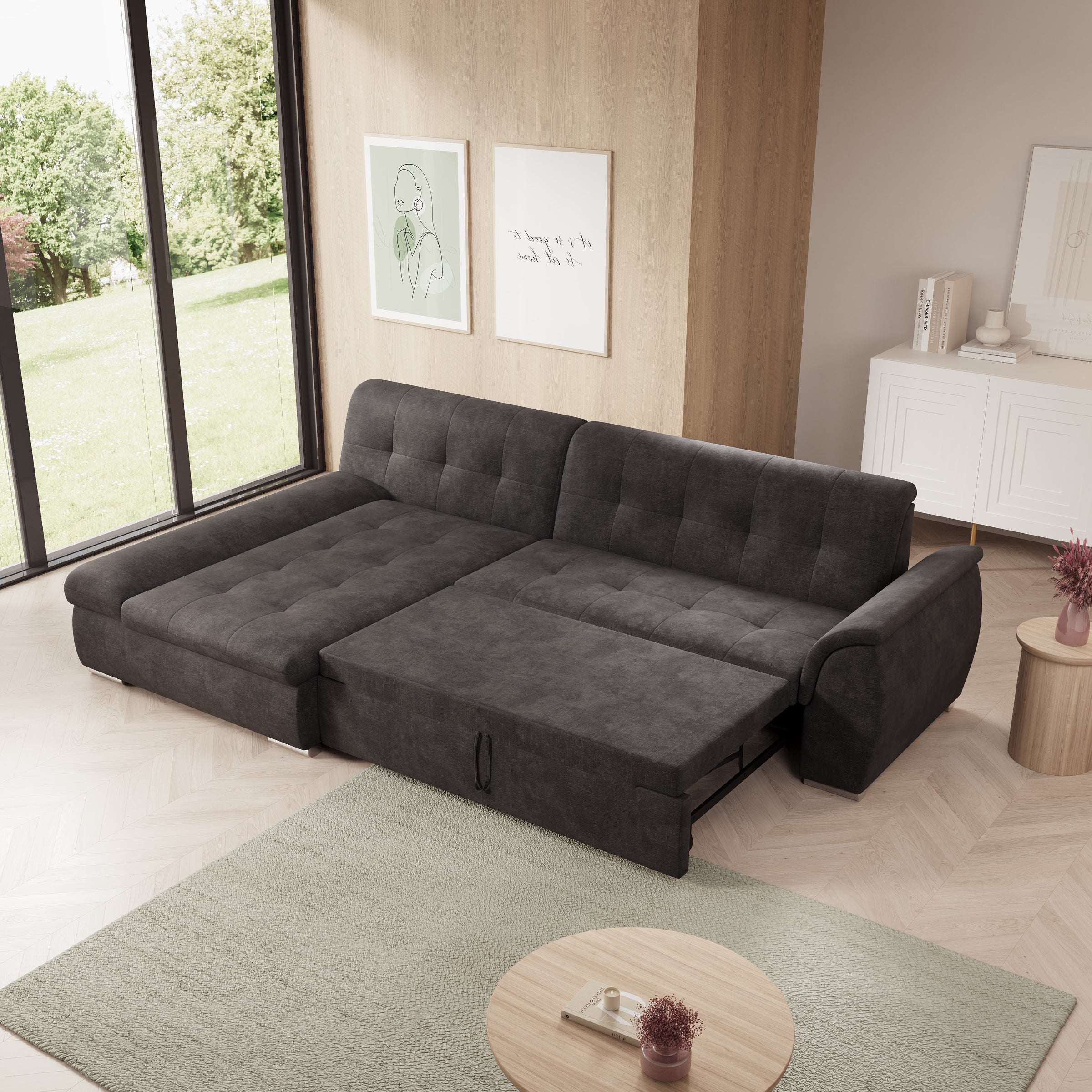 Alberta - Hoekbank 3-zits met chaise longue - Velvet zwart - Links