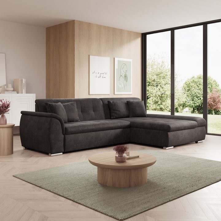 Alberta - Hoekbank 3-zits met chaise longue - Velvet zwart - Rechts