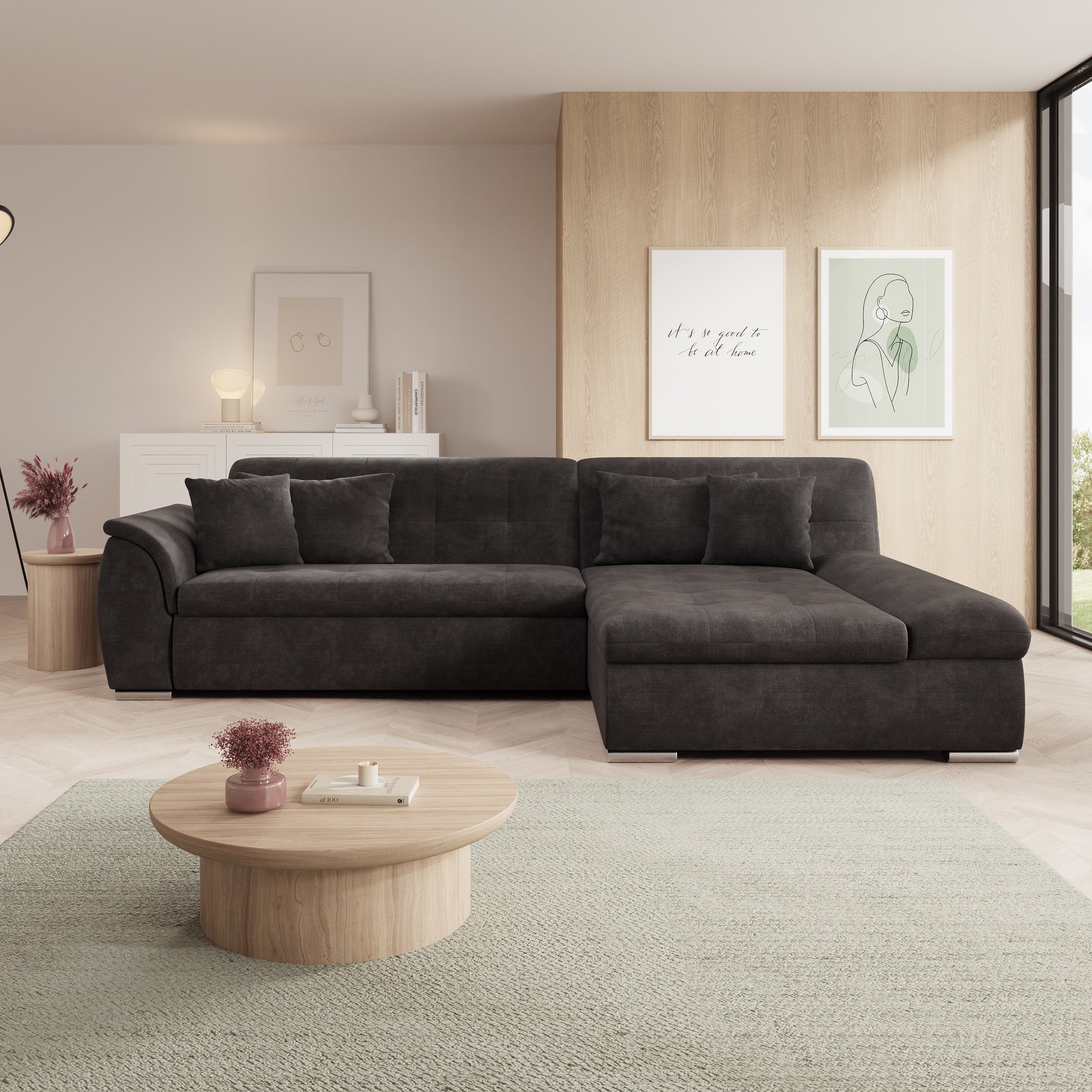 Alberta - Hoekbank 3-zits met chaise longue - Velvet zwart - Rechts