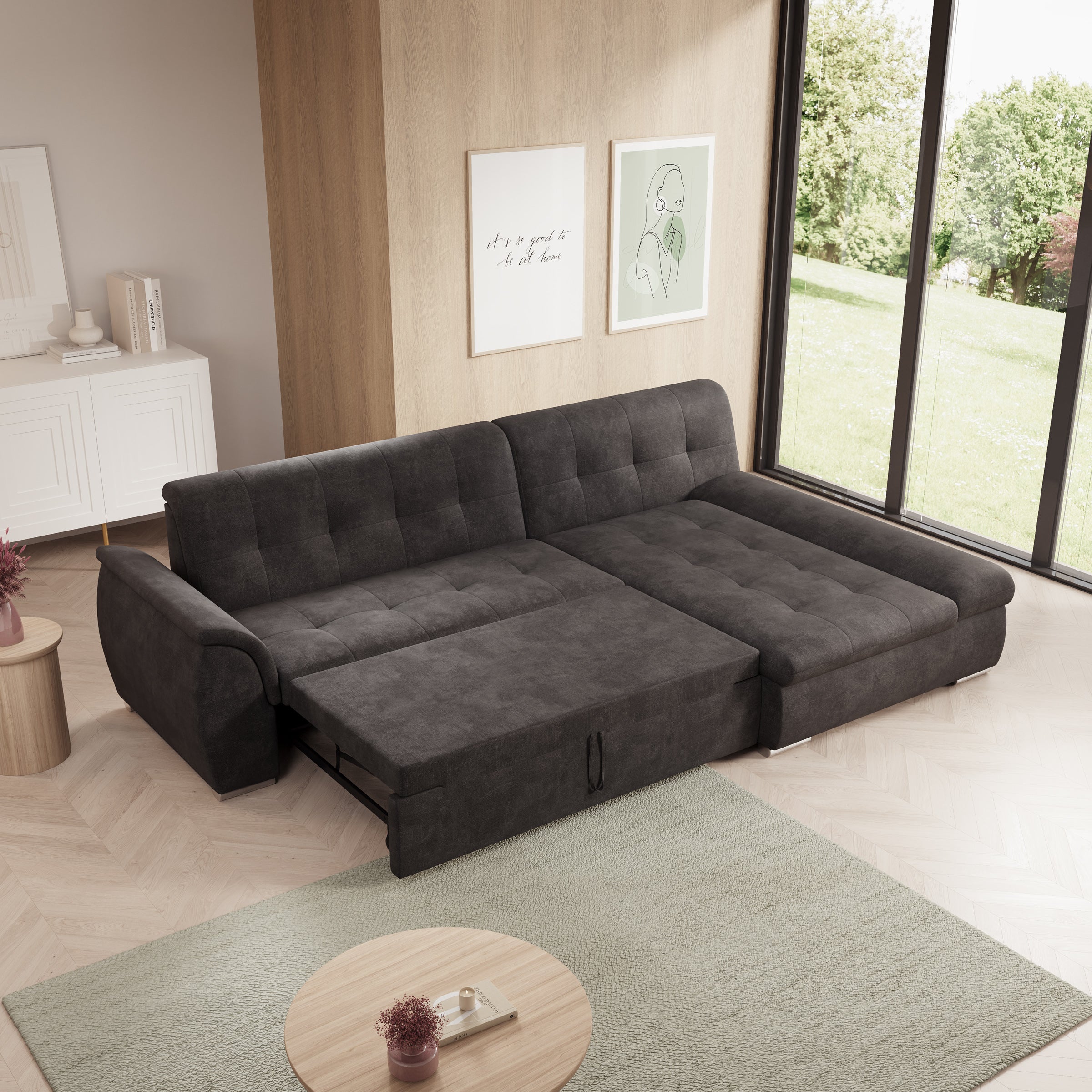 Alberta - Hoekbank 3-zits met chaise longue - Velvet zwart - Rechts