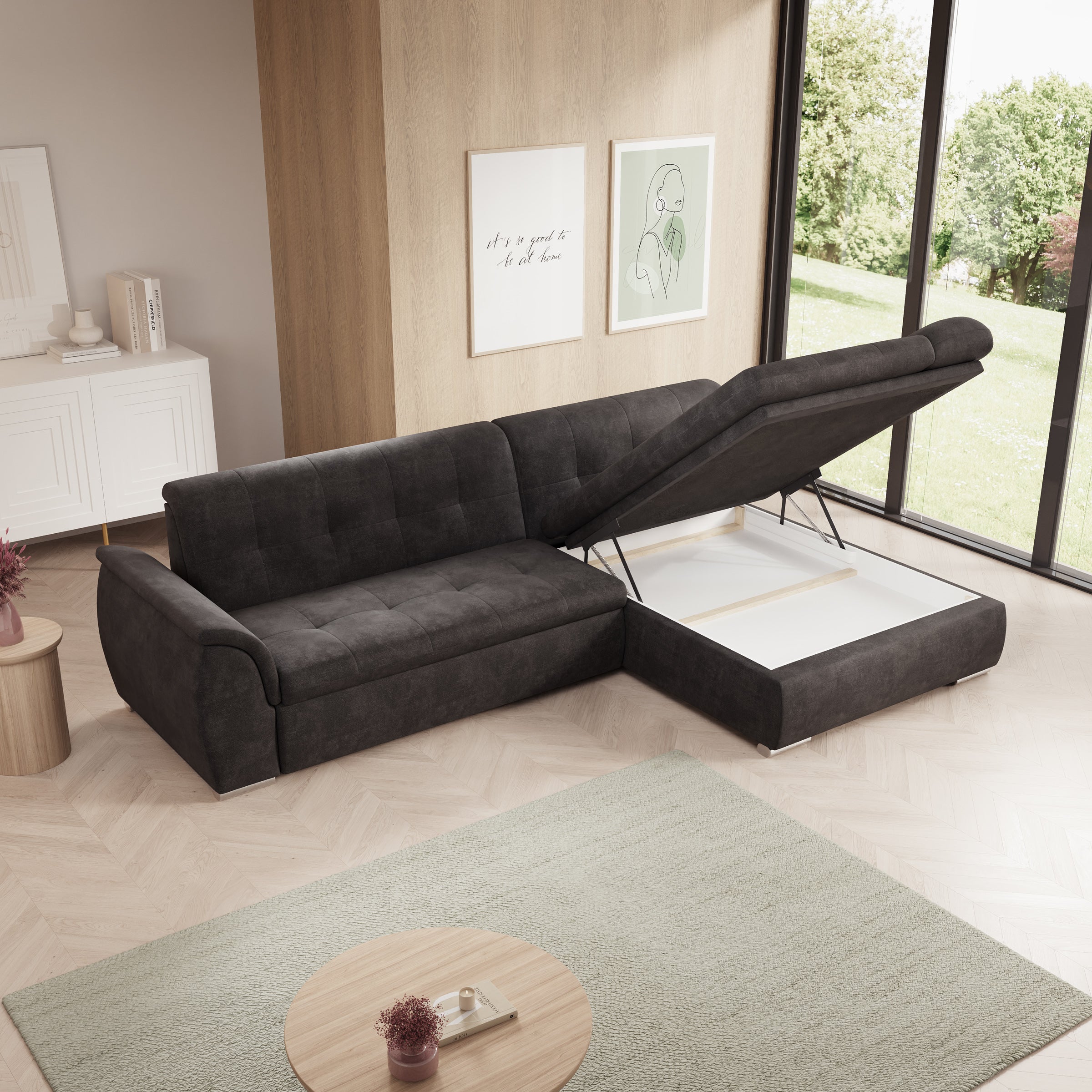 Alberta - Hoekbank 3-zits met chaise longue - Velvet zwart - Rechts