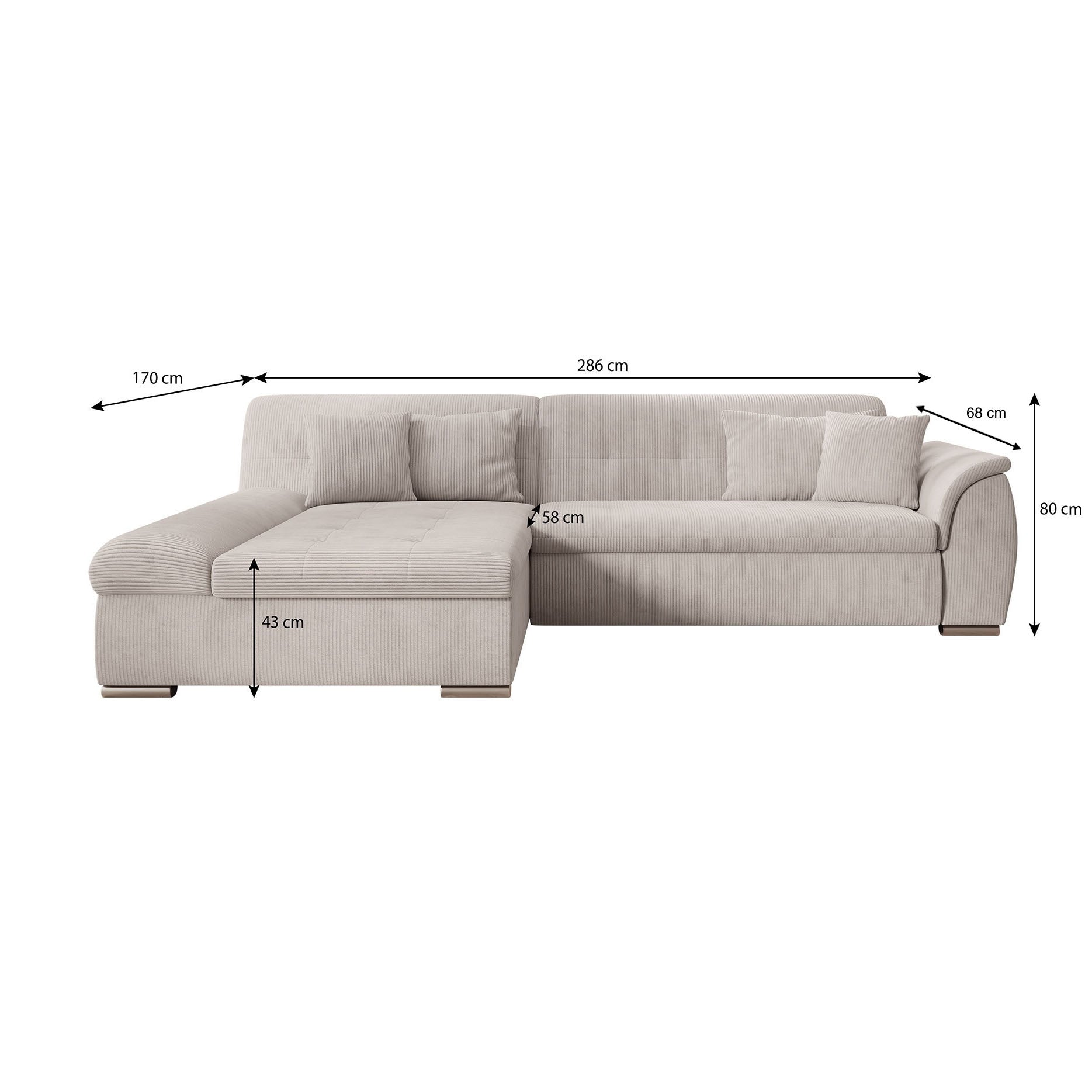 Alberta - Hoekbank 3-zits met slaapfunctie - Ribstof beige - Links - 286x170x80 cm