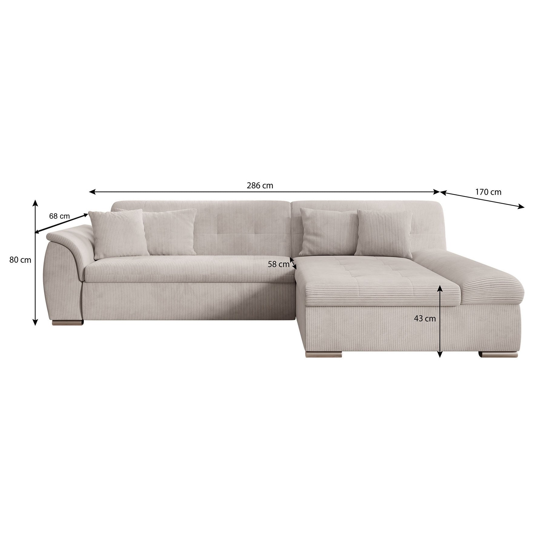 Alberta - Hoekbank 3-zits met slaapfunctie - Ribstof beige - Rechts - 286x170x80 cm