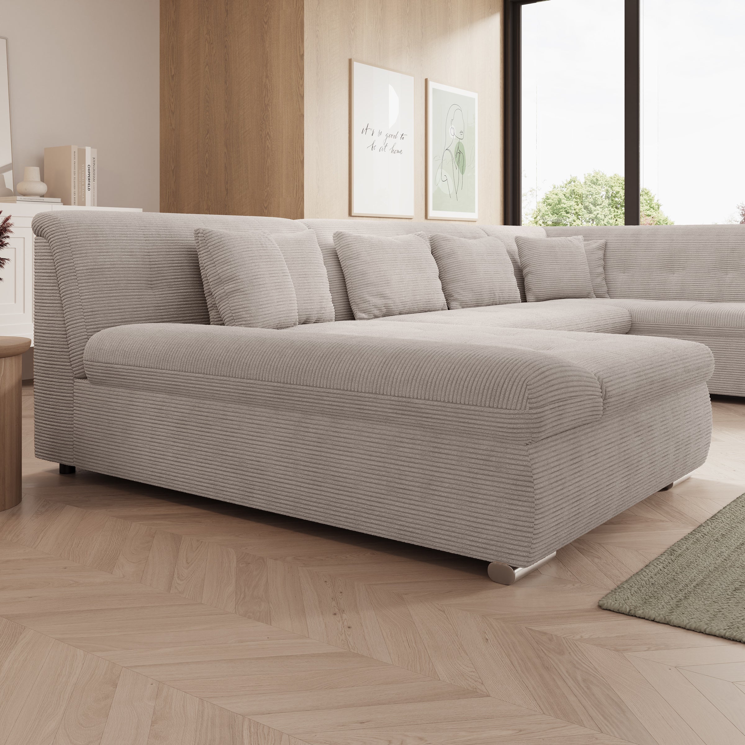 Alberta XL - Hoekbank 5-zits met chaise longue - Ribstof beige - Links - 346x207x80 cm