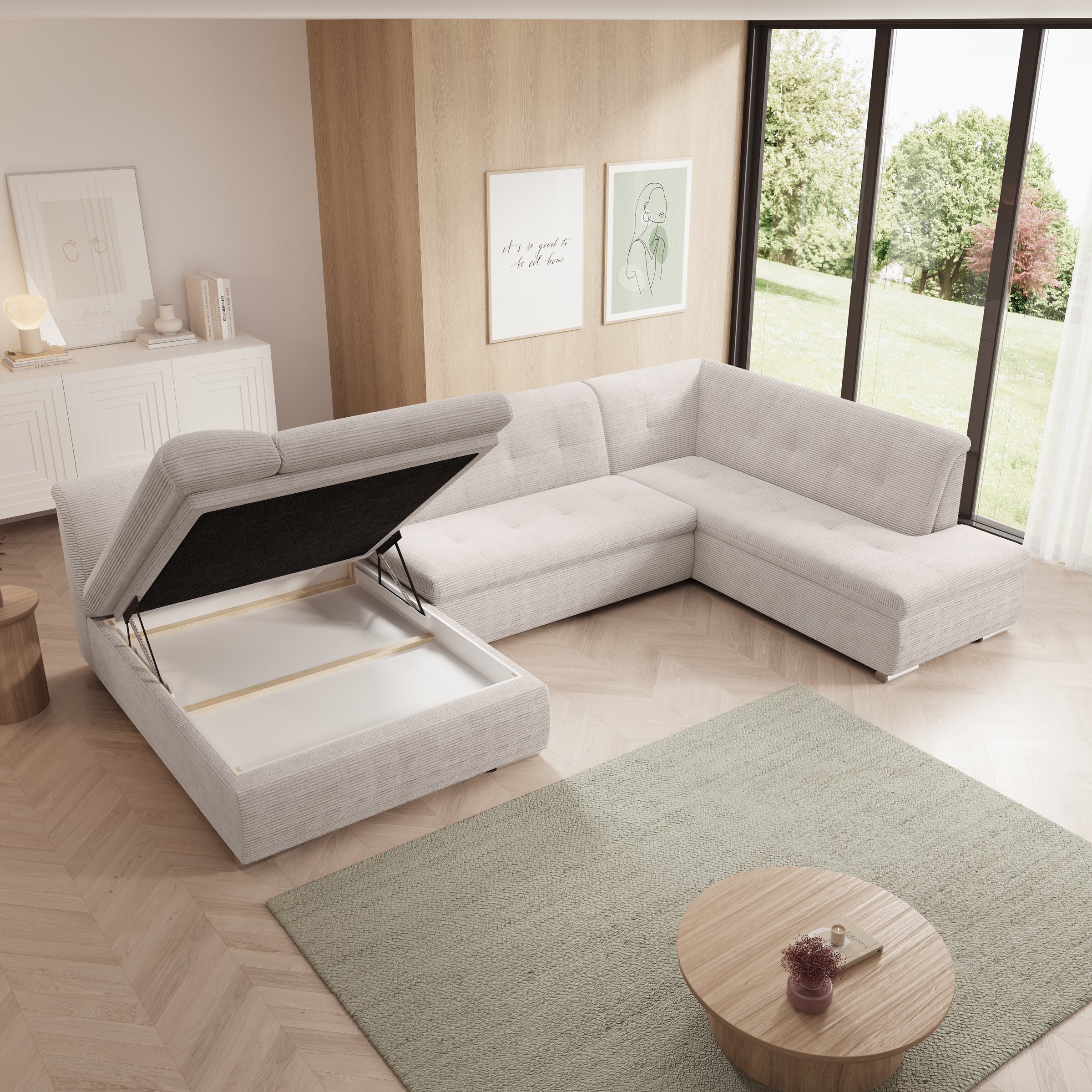 Alberta XL - Hoekbank 5-zits met chaise longue - Ribstof beige - Links - 346x207x80 cm