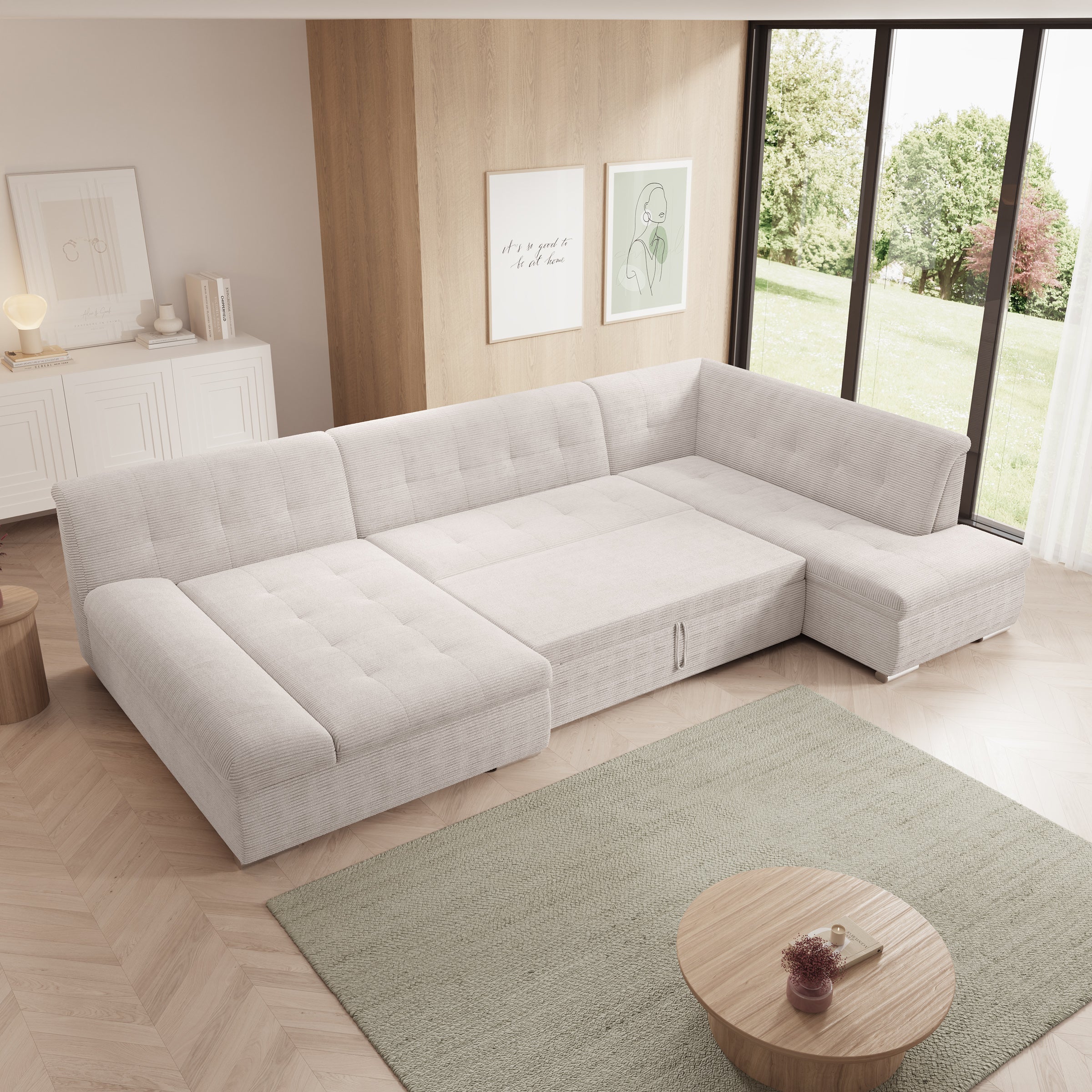 Alberta XL - Hoekbank 5-zits met chaise longue - Ribstof beige - Links - 346x207x80 cm