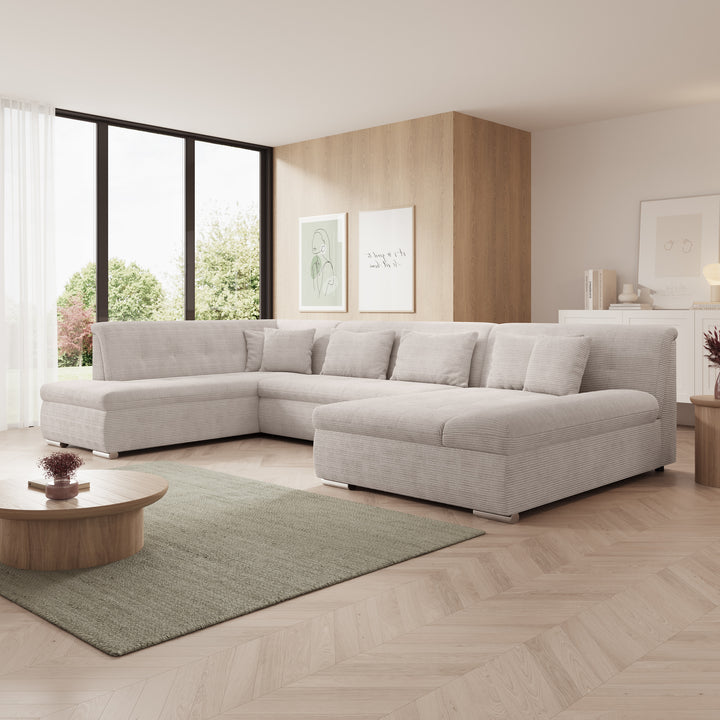 Alberta XL - Hoekbank 5-zits met chaise longue - Ribstof beige - Rechts - 346x207x80 cm