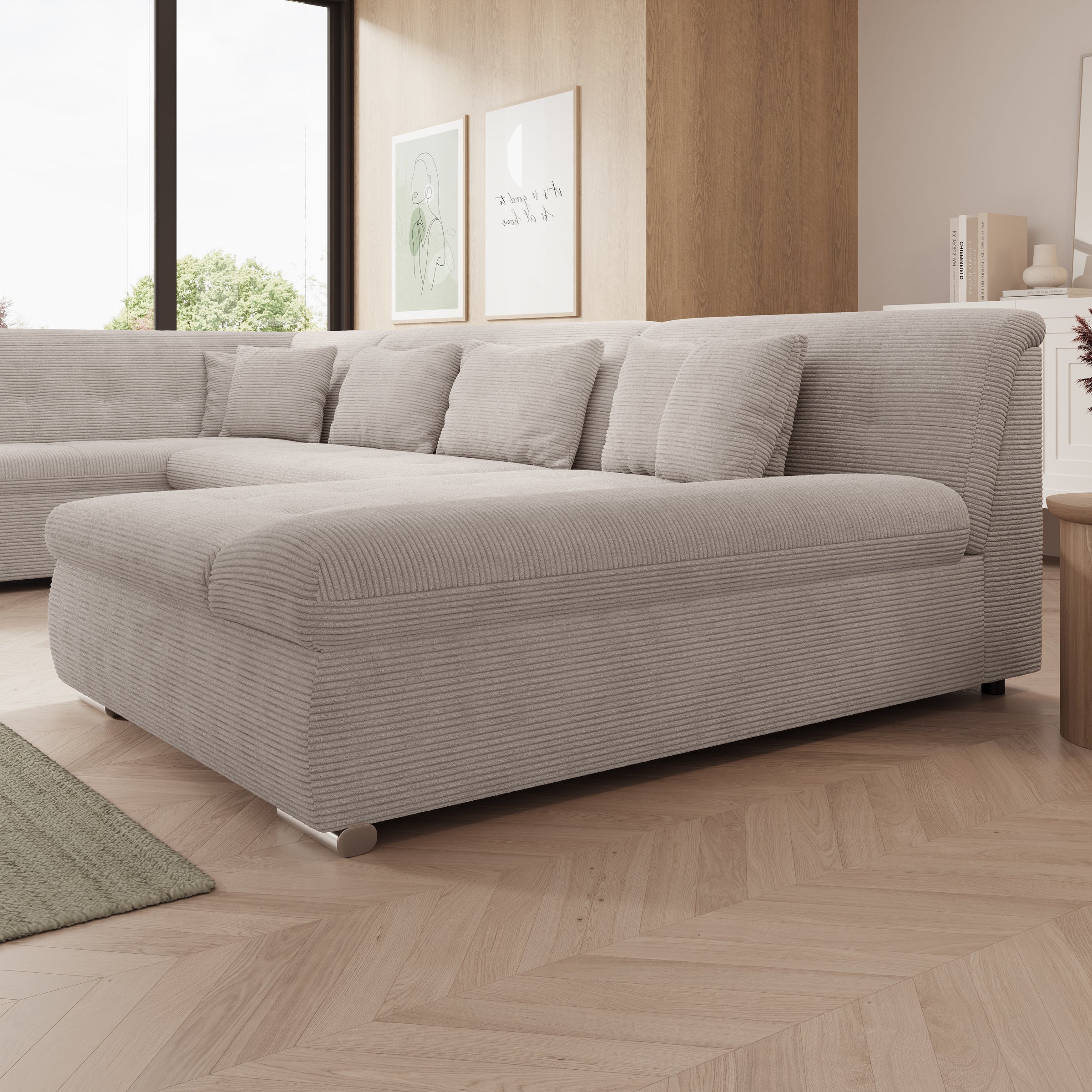 Alberta XL - Hoekbank 5-zits met chaise longue - Ribstof beige - Rechts - 346x207x80 cm