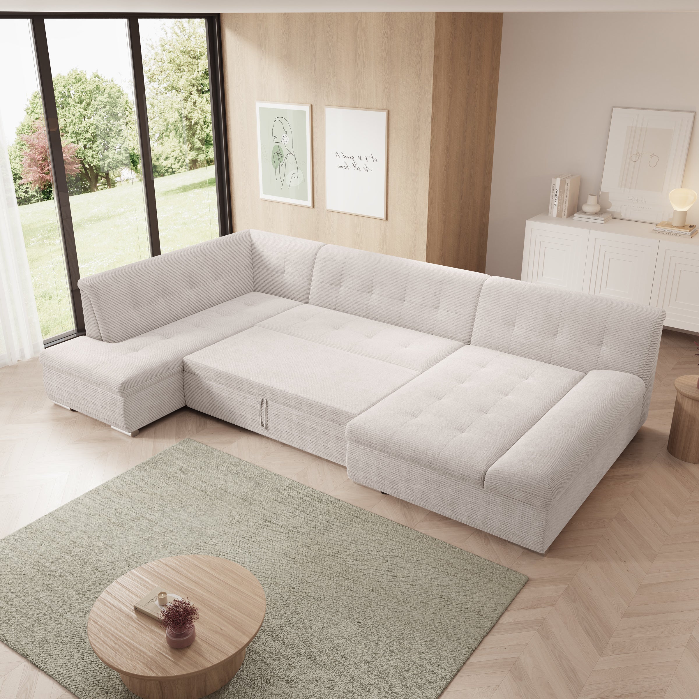 Alberta XL - Hoekbank 5-zits met chaise longue - Ribstof beige - Rechts - 346x207x80 cm