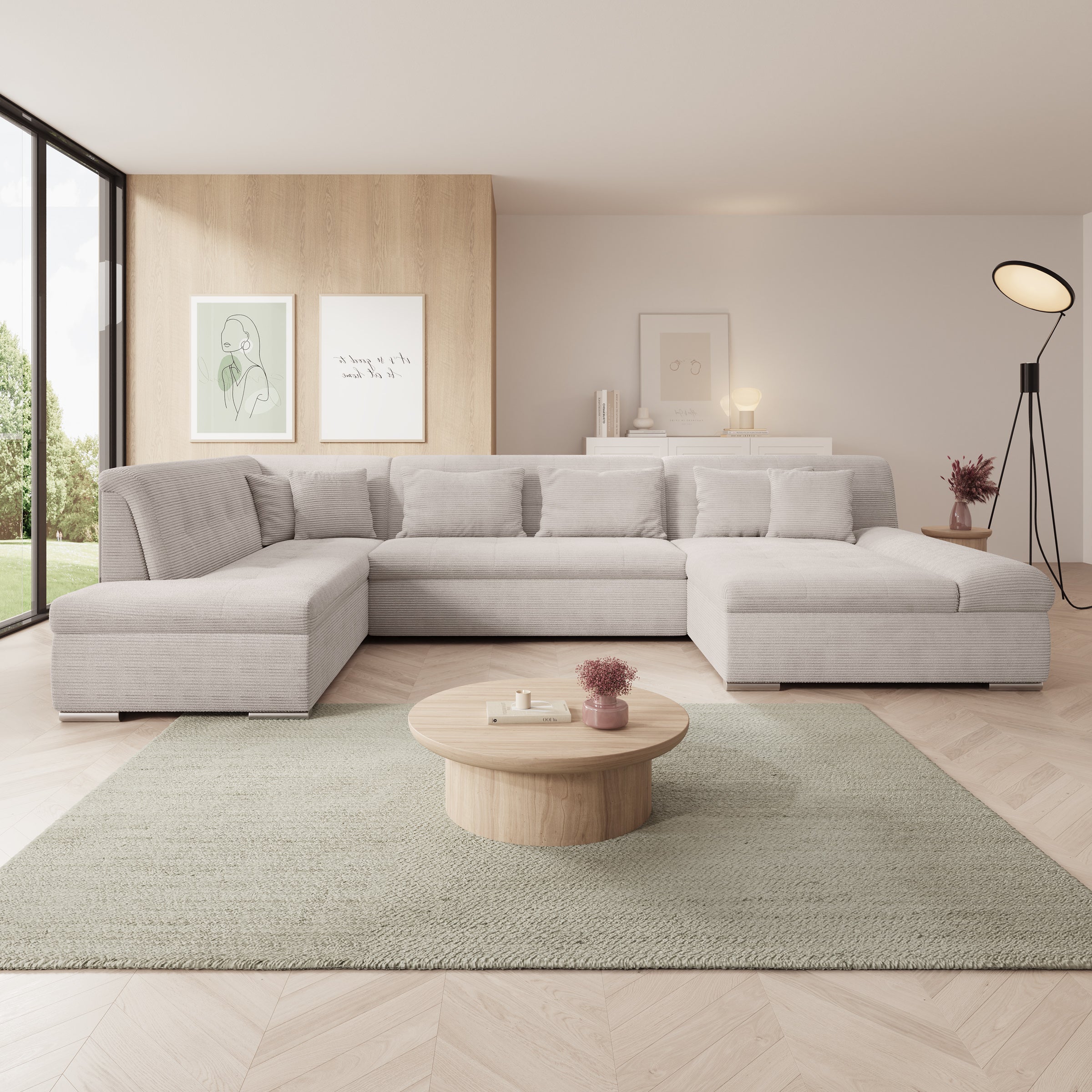 Alberta XL - Hoekbank 5-zits met chaise longue - Ribstof beige - Rechts - 346x207x80 cm