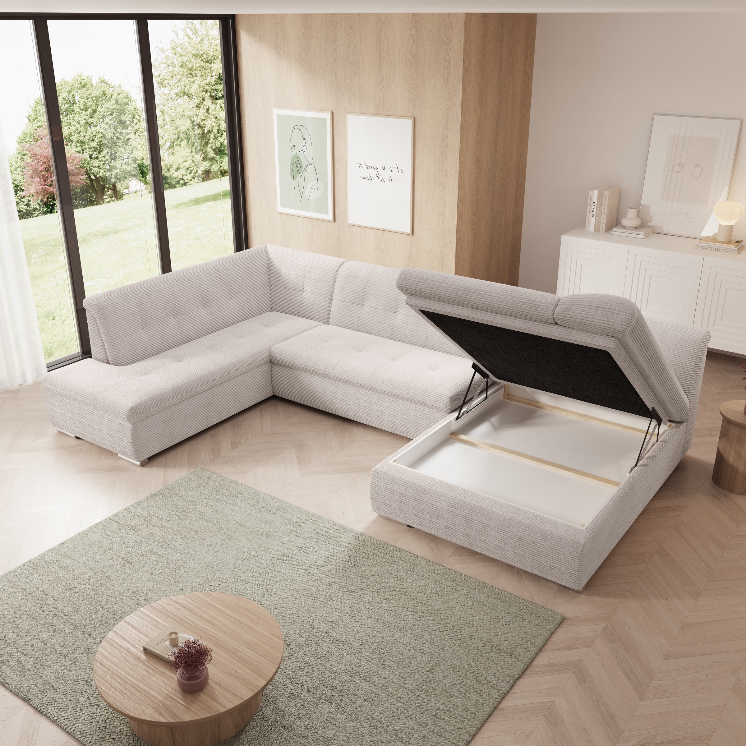 Alberta XL - Hoekbank 5-zits met chaise longue - Ribstof beige - Rechts - 346x207x80 cm