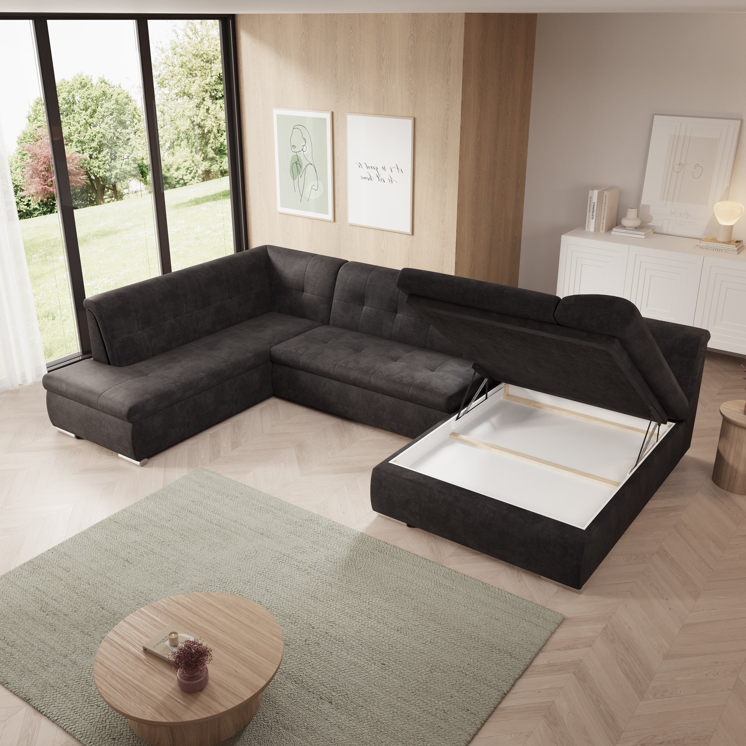 Alberta XL - Hoekbank 5-zits met chaise longue - Velvet zwart - Rechts