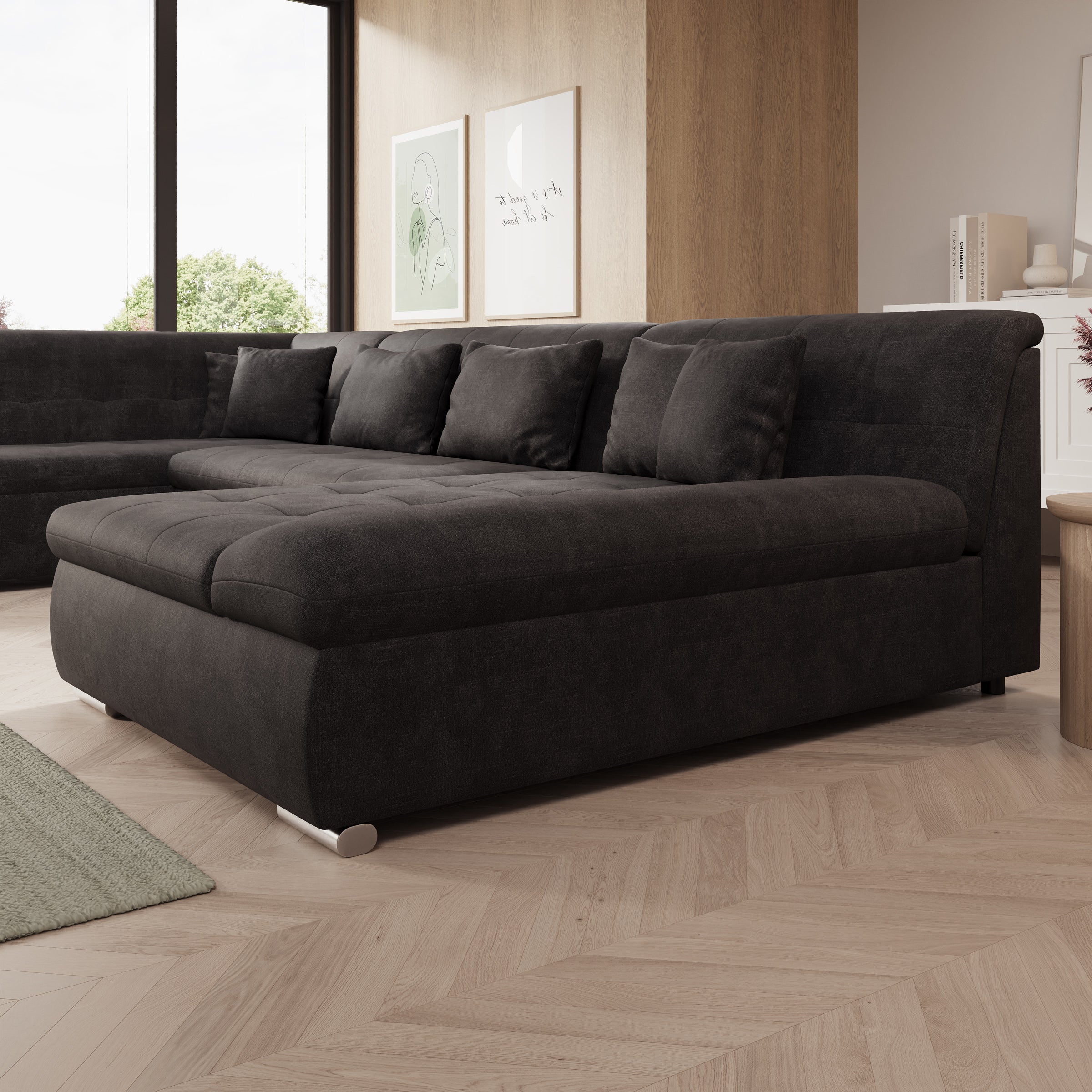 Alberta XL - Hoekbank 5-zits met chaise longue - Velvet zwart - Rechts