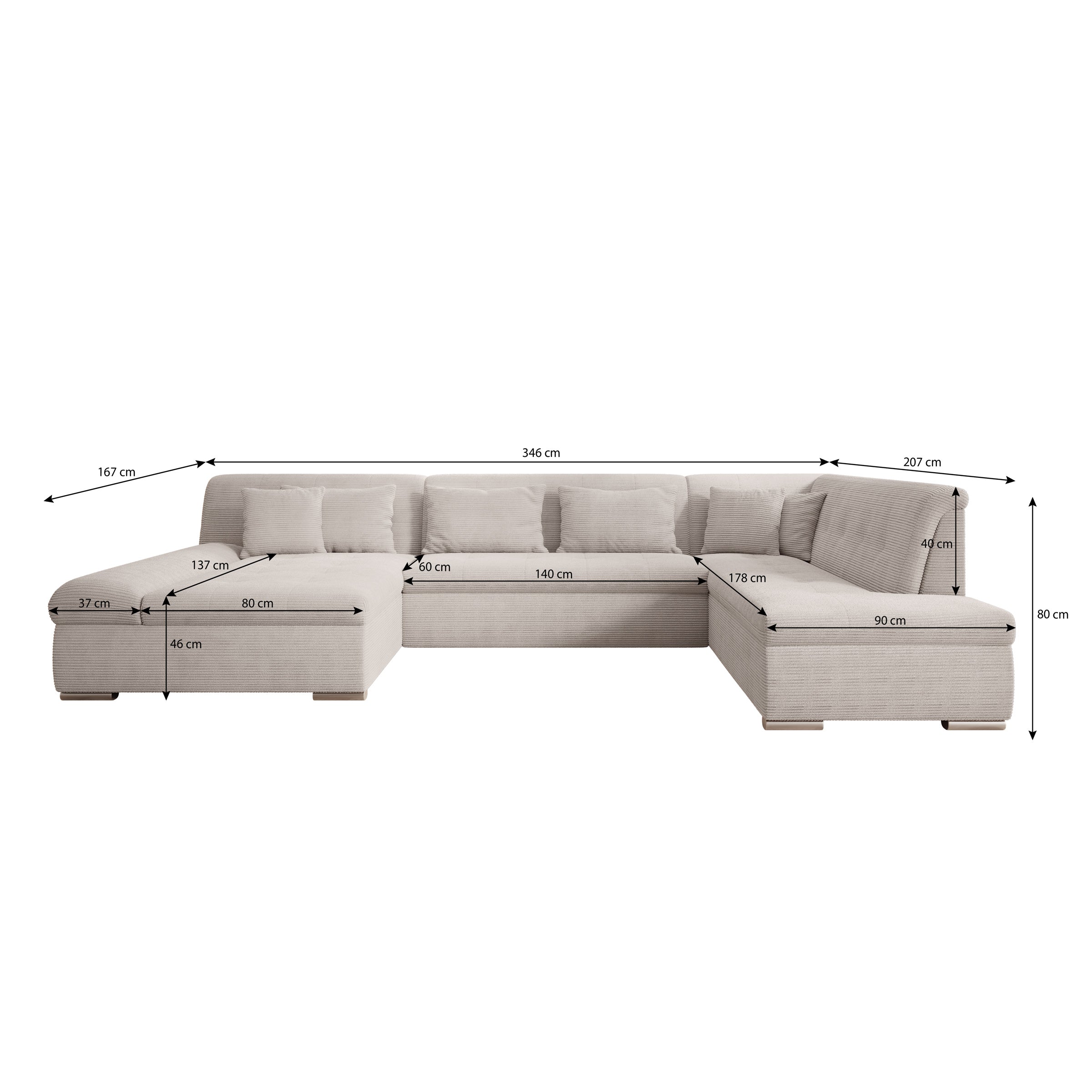 Alberta XL - Hoekbank 5-zits met slaapfunctie - Ribstof beige - Links - 346x207x80 cm