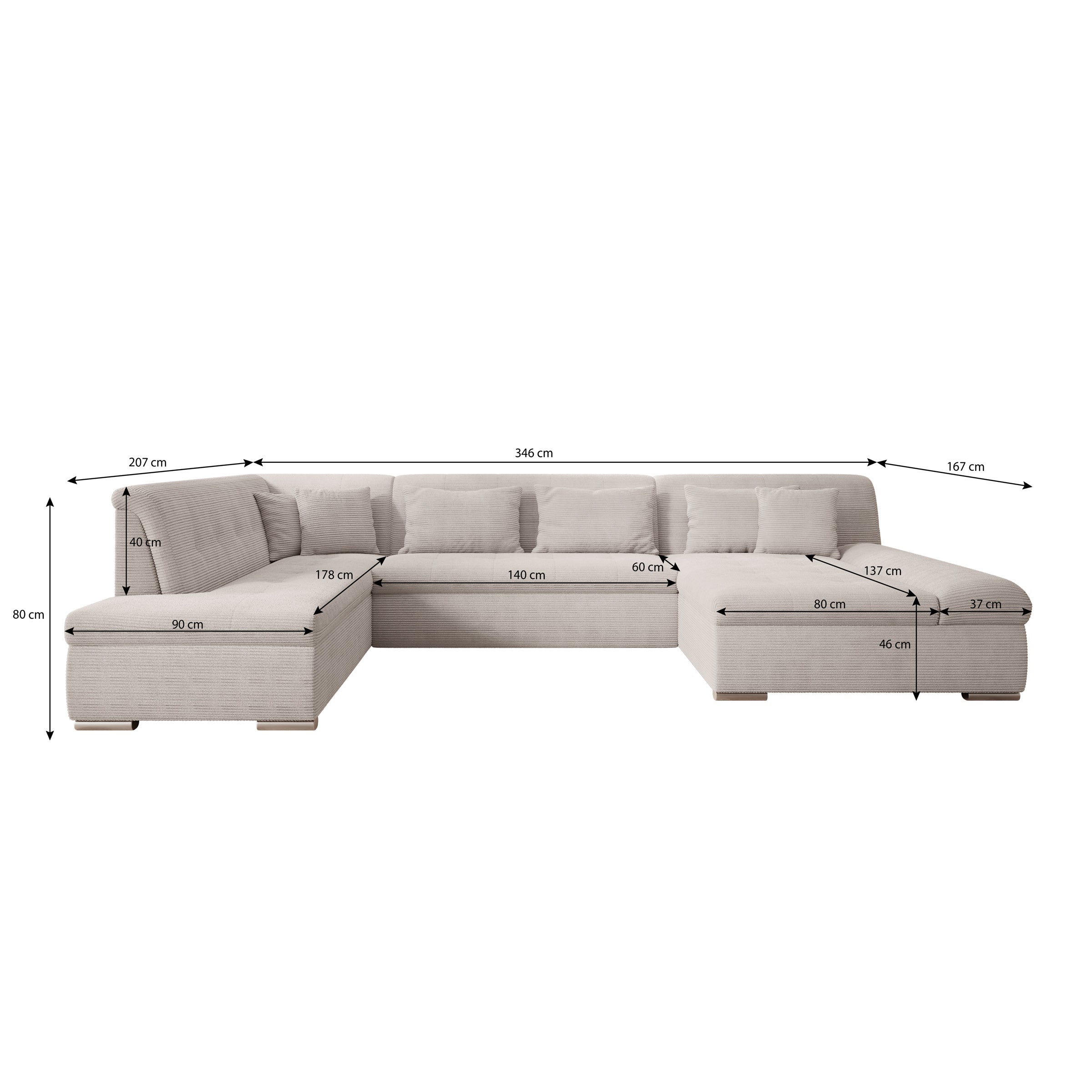 Alberta XL - Hoekbank 5-zits met slaapfunctie - Ribstof beige - Rechts - 346x207x80 cm