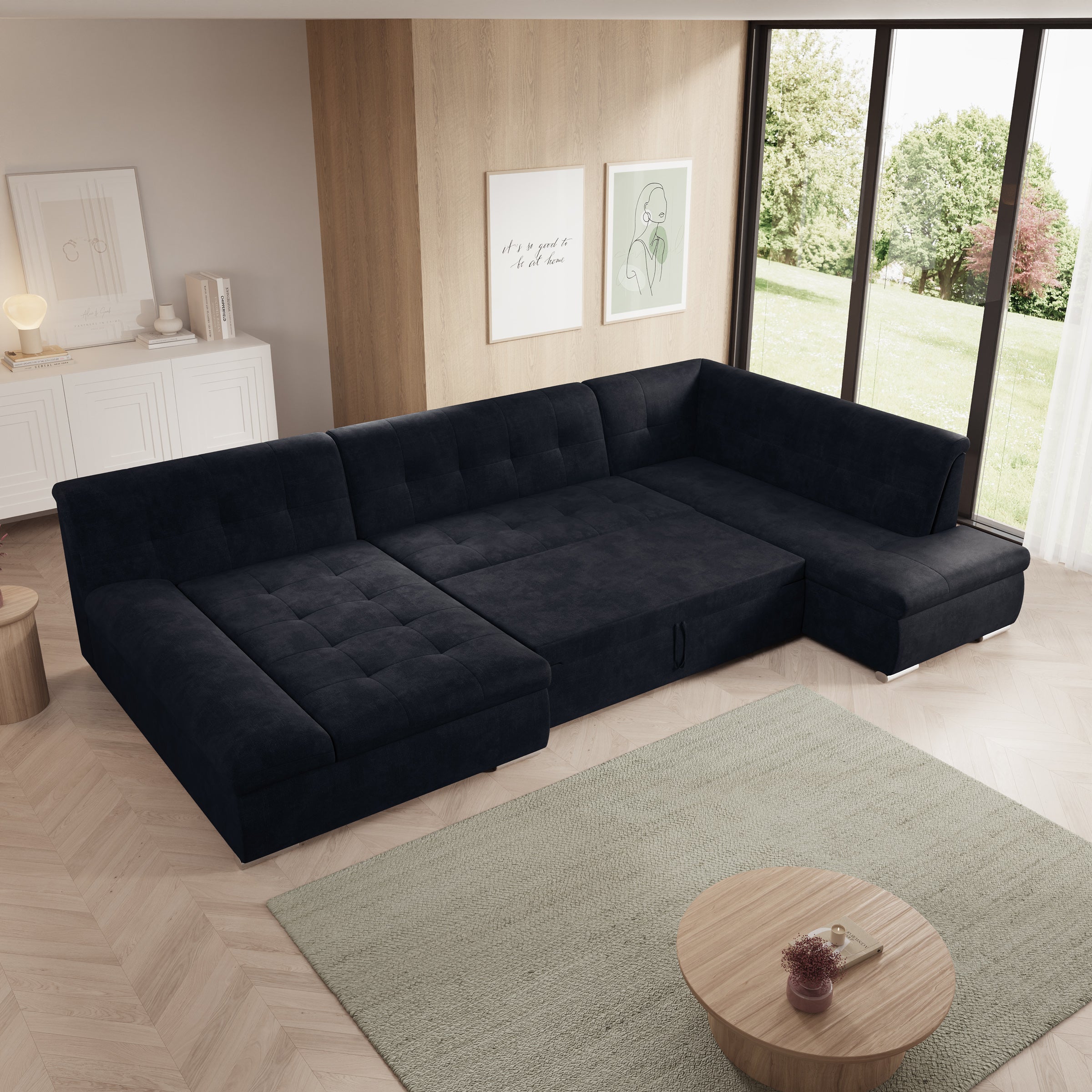 Alberta XL - Hoekbank 5-zits met slaapfunctie - Velvet zwart - Links